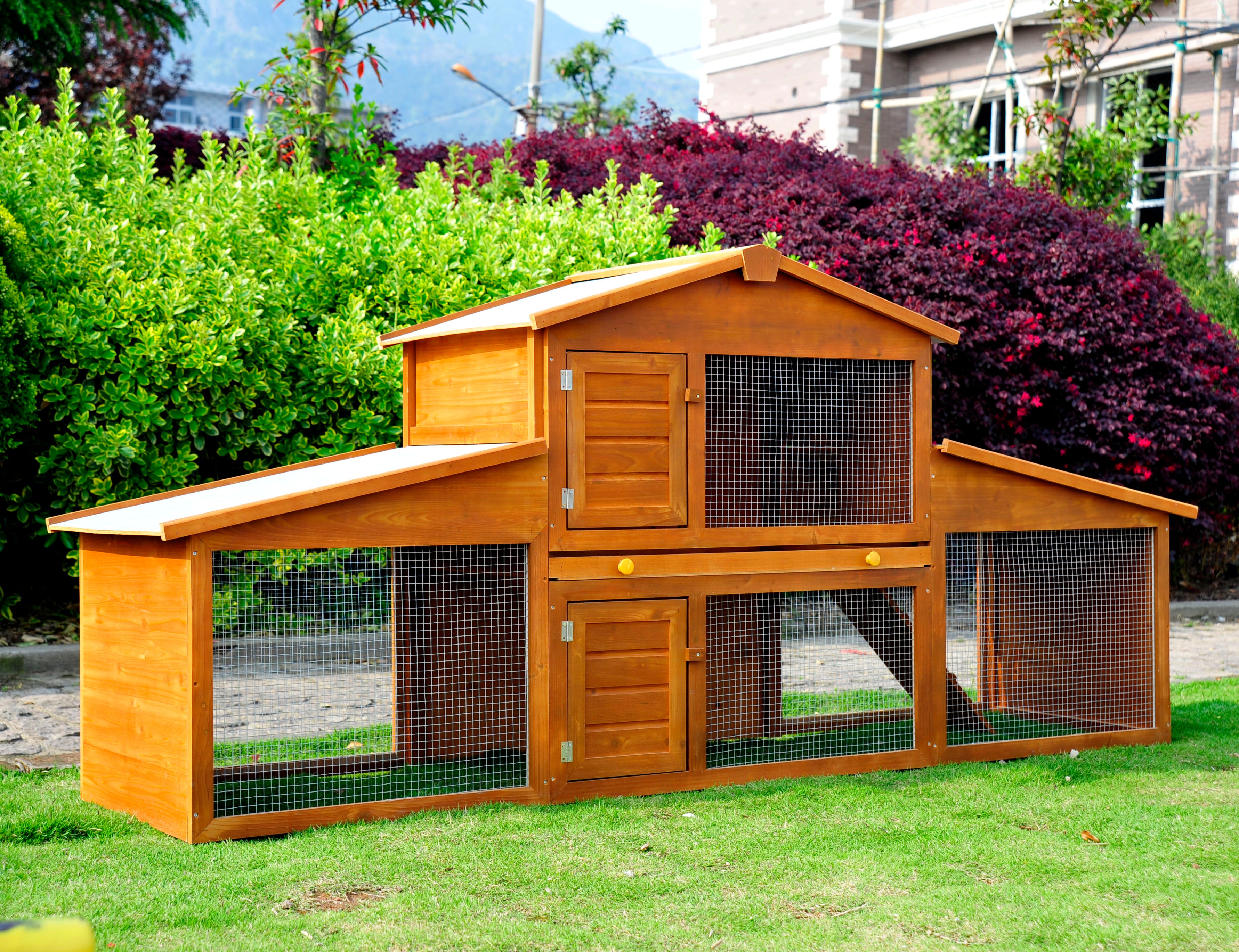 PawHut 85x25x39inch Deluxe Wooden Rabbit Hutch Backyard Bunny Cage Chicken Coop Small Animal Living House with Outdoor Run