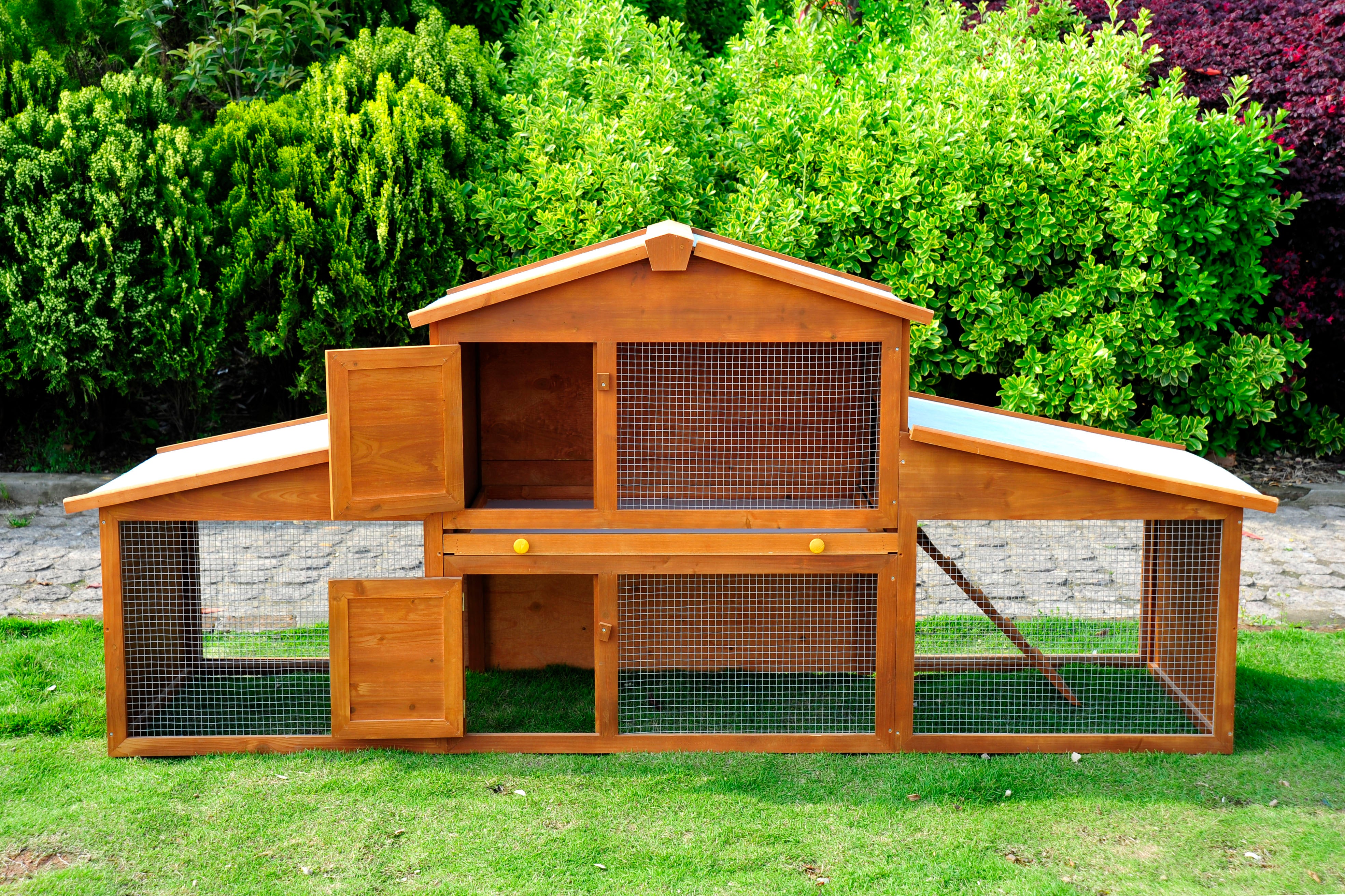PawHut 85x25x39inch Deluxe Wooden Rabbit Hutch Backyard Bunny Cage Chicken Coop Small Animal Living House with Outdoor Run