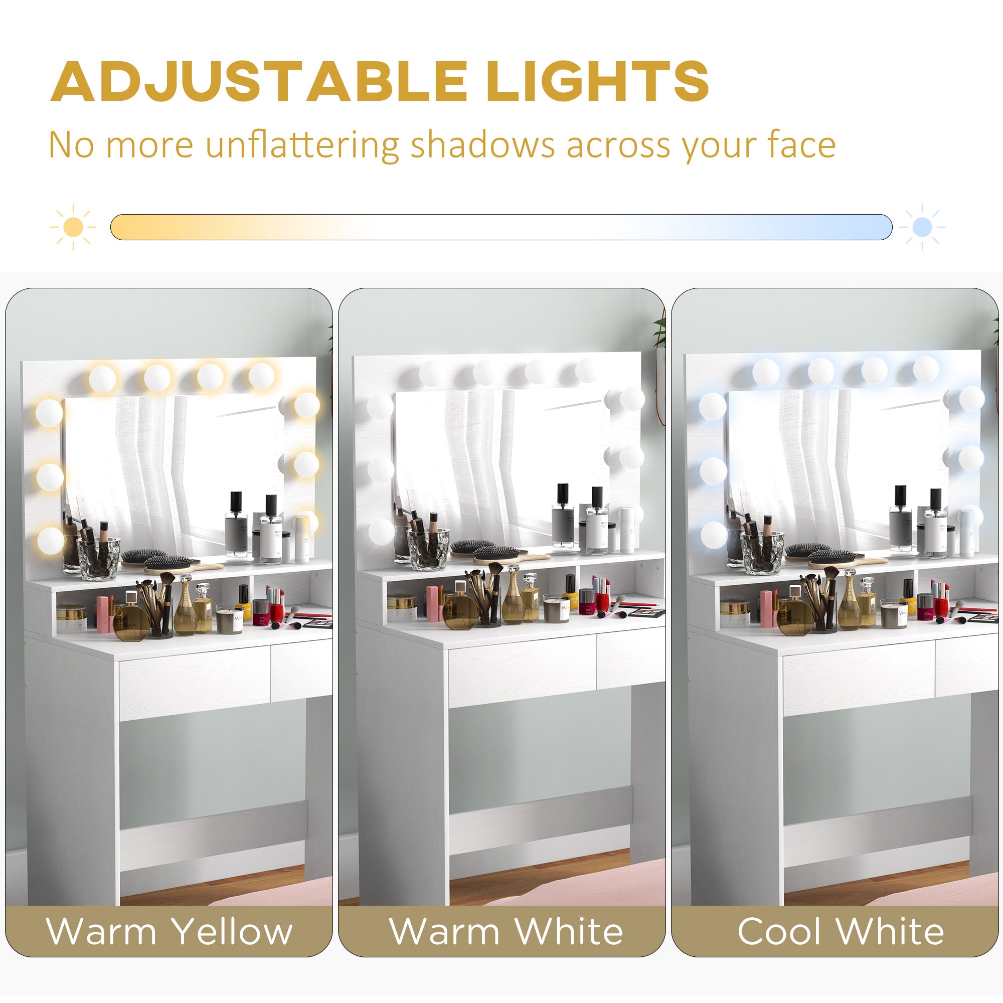 HOMCOM Vanity Table with Lighted Mirror, Makeup Table with Drawers, 3 Lighting Modes, 10 Bulbs, Modern Dressing Table for Bedroom, White