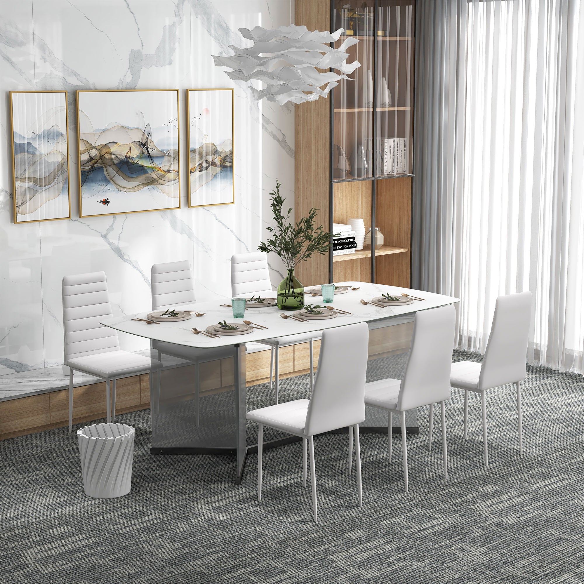 HOMCOM Modern Dining Chairs Set of 6, Upholstered PU Leather Kitchen Chairs with Channel Tufting and Metal Legs for Living Room, Dining Room, Bedroom, White