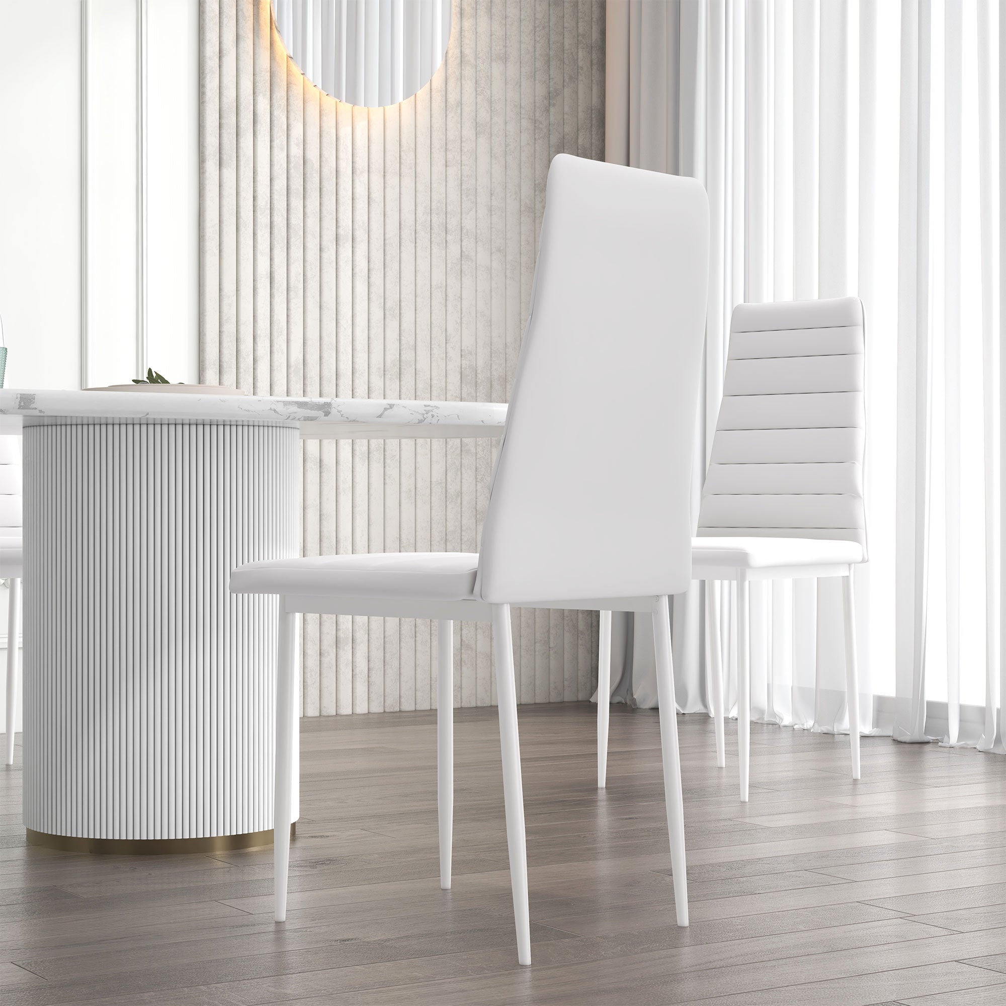 HOMCOM Modern Dining Chairs Set of 6, Upholstered PU Leather Kitchen Chairs with Channel Tufting and Metal Legs for Living Room, Dining Room, Bedroom, White