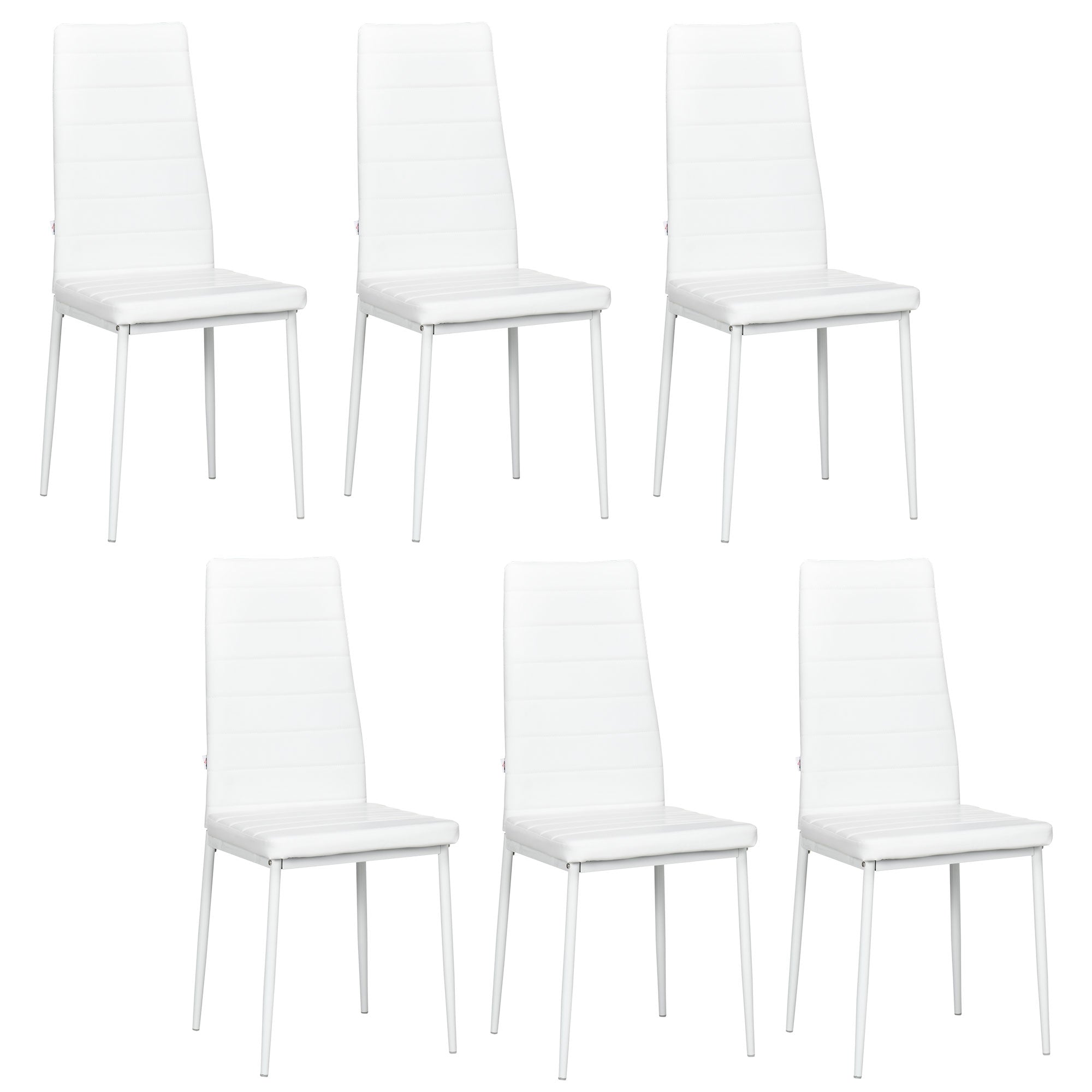 HOMCOM Modern Dining Chairs Set of 6, Upholstered PU Leather Kitchen Chairs with Channel Tufting and Metal Legs for Living Room, Dining Room, Bedroom, White