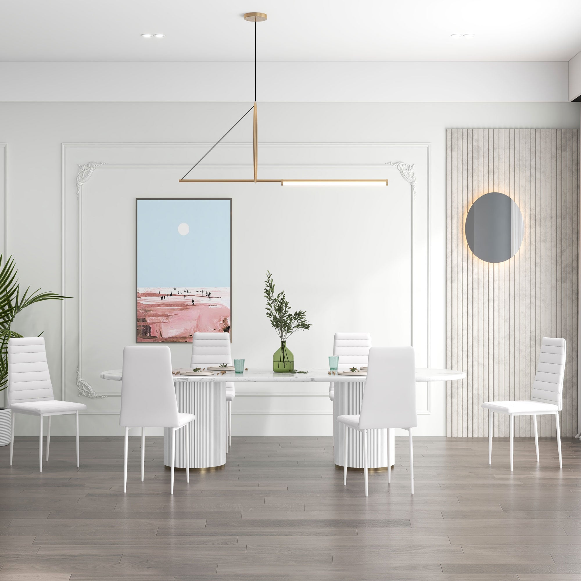 HOMCOM Modern Dining Chairs Set of 6, Upholstered PU Leather Kitchen Chairs with Channel Tufting and Metal Legs for Living Room, Dining Room, Bedroom, White