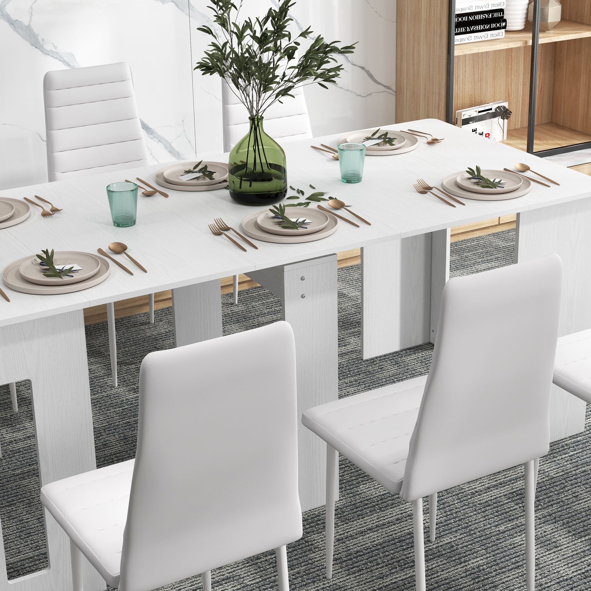 HOMCOM Modern Dining Chairs Set of 6, Upholstered PU Leather Kitchen Chairs with Channel Tufting and Metal Legs for Living Room, Dining Room, Bedroom, White