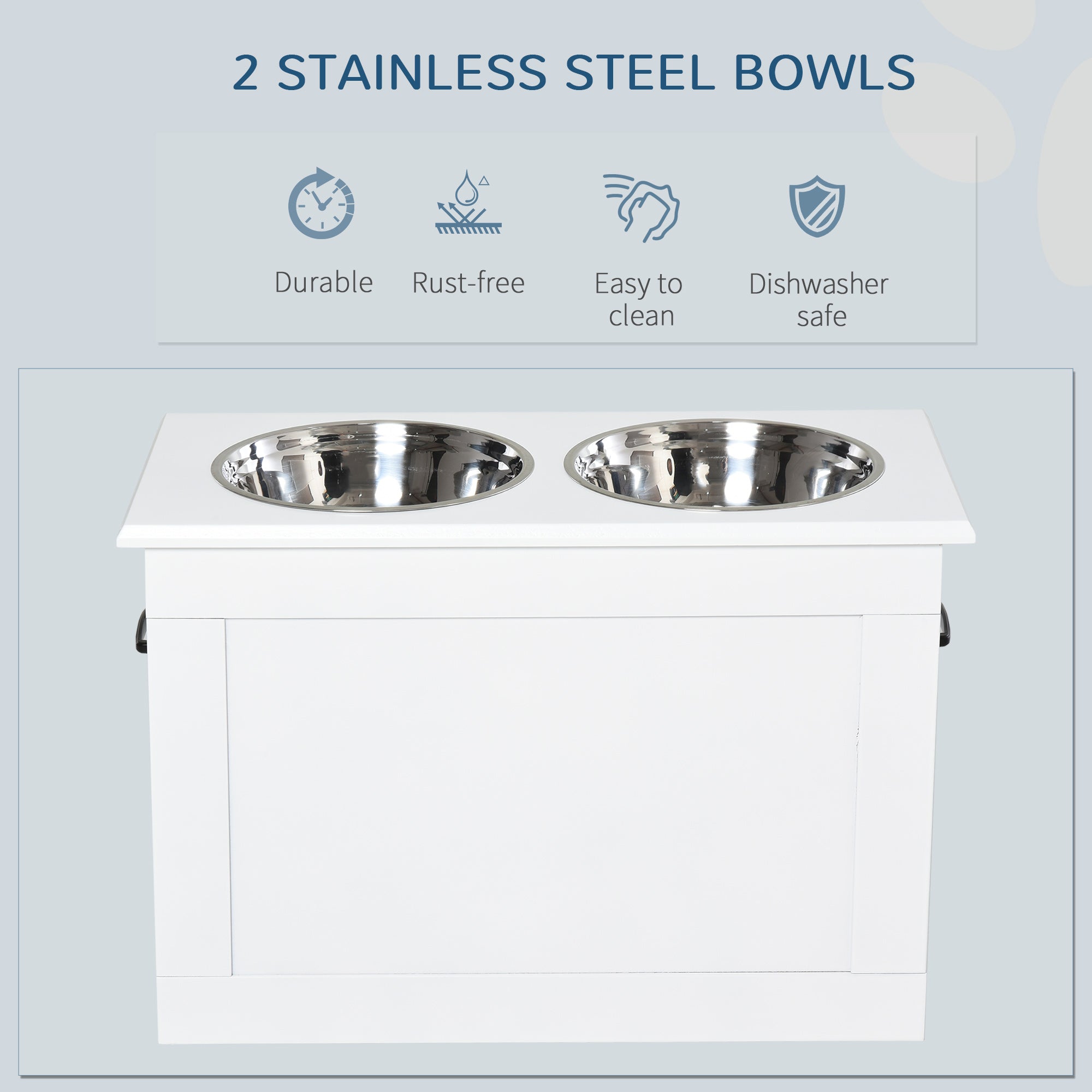 PawHut Elevated Dog Bowls for Large Dogs with Storage Dog Pet Diner Function 2 Stainless Steel Dog Bowls Elevated Base for Big-sized Dogs and Other Large Pets, White