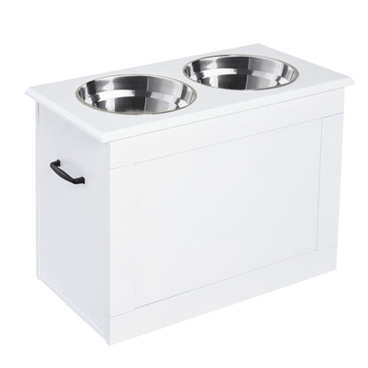 PawHut Elevated Dog Bowls for Large Dogs with Storage Dog Pet Diner Function 2 Stainless Steel Dog Bowls Elevated Base for Big-sized Dogs and Other Large Pets, White