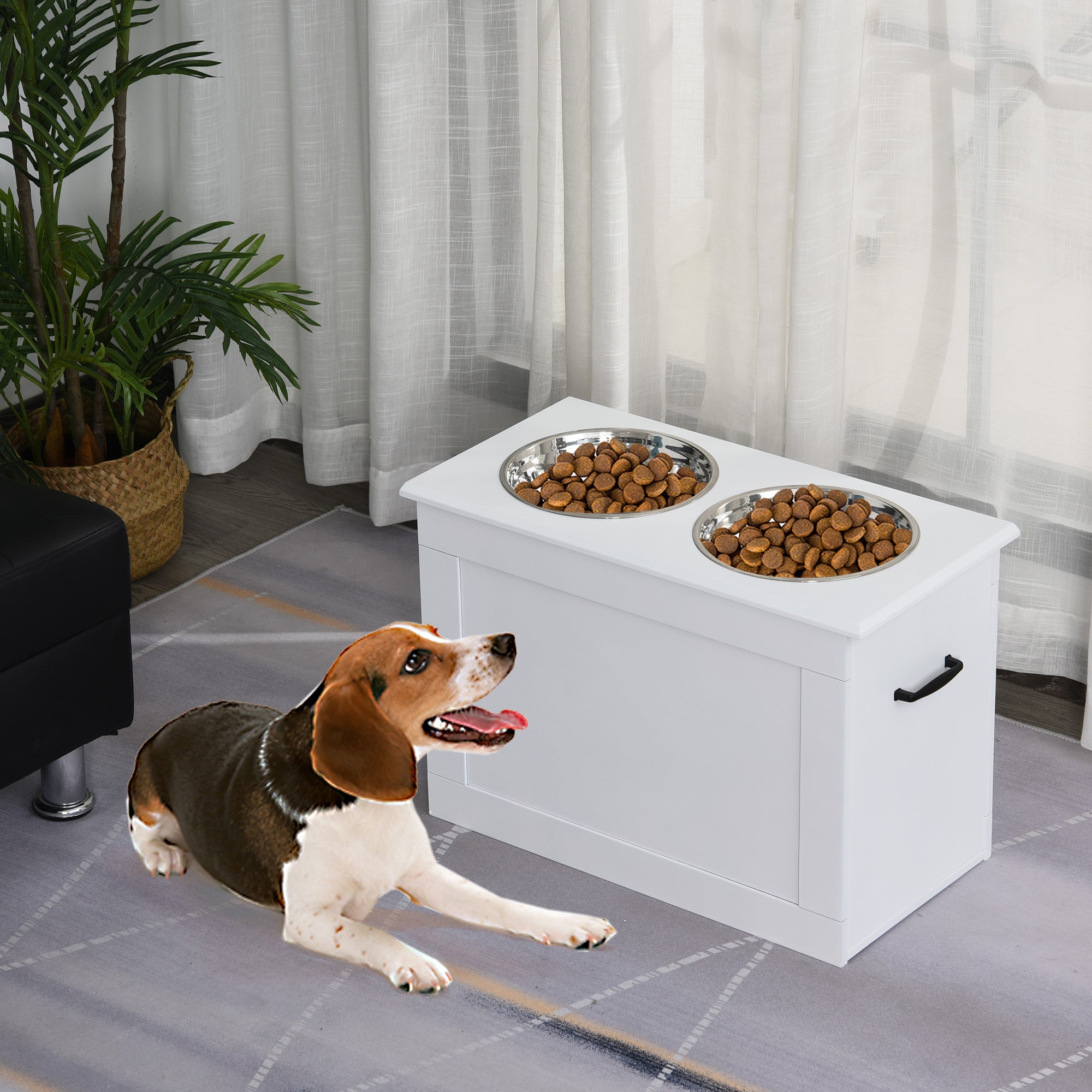PawHut Elevated Dog Bowls for Large Dogs with Storage Dog Pet Diner Function 2 Stainless Steel Dog Bowls Elevated Base for Big-sized Dogs and Other Large Pets, White