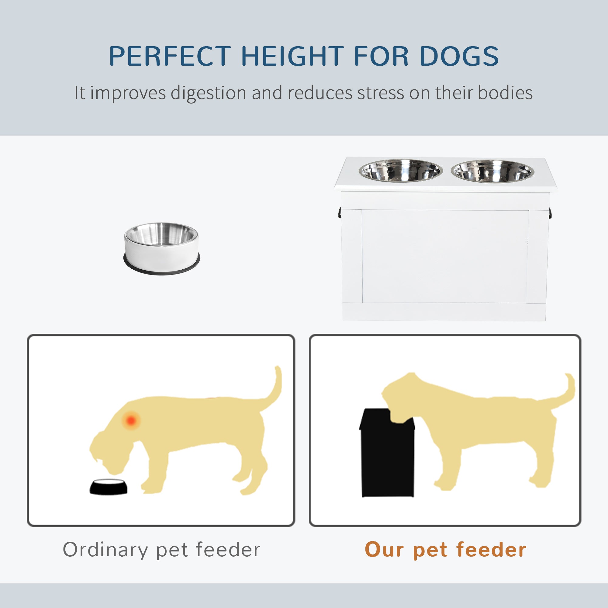 PawHut Elevated Dog Bowls for Large Dogs with Storage Dog Pet Diner Function 2 Stainless Steel Dog Bowls Elevated Base for Big-sized Dogs and Other Large Pets, White