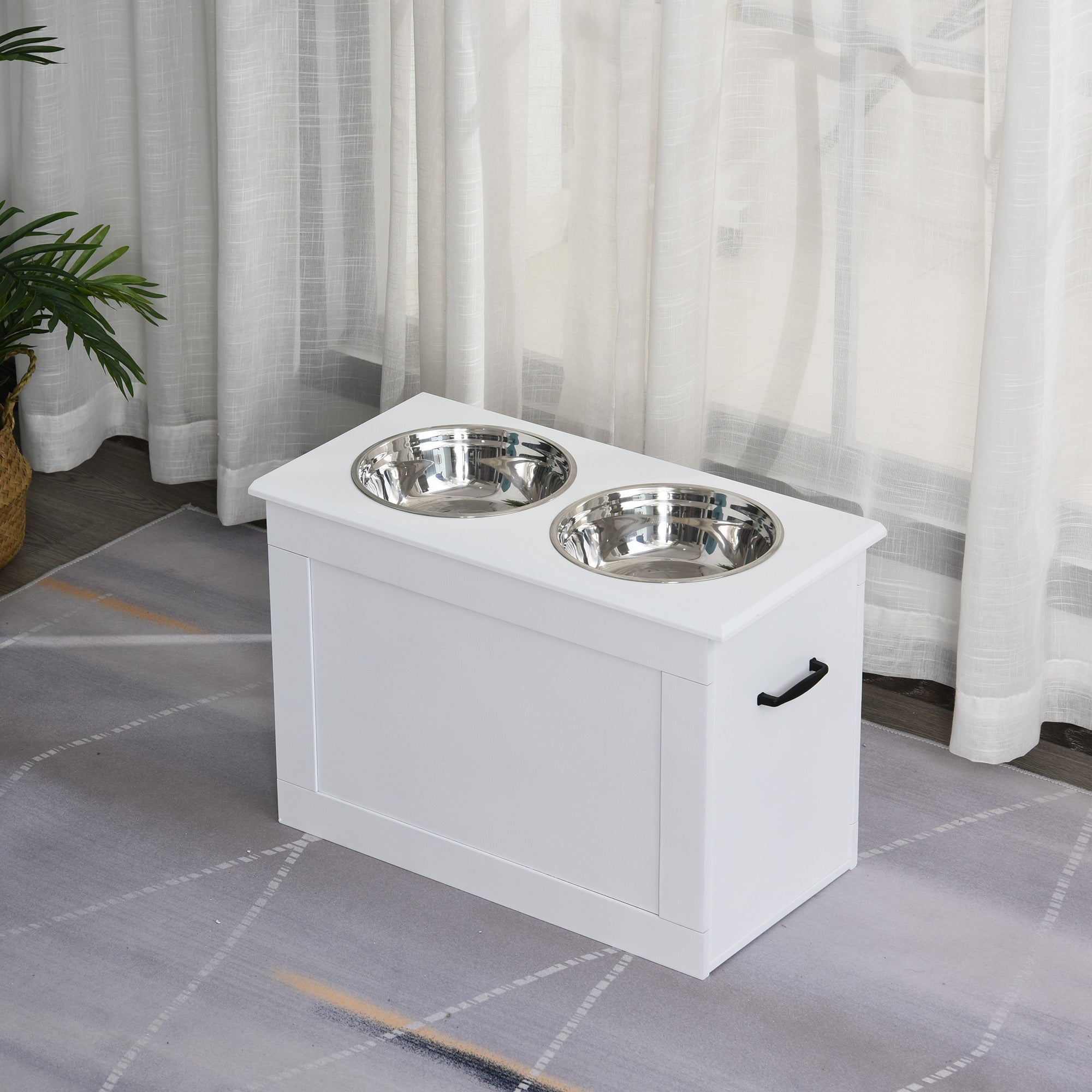 PawHut Elevated Dog Bowls for Large Dogs with Storage Dog Pet Diner Function 2 Stainless Steel Dog Bowls Elevated Base for Big-sized Dogs and Other Large Pets, White
