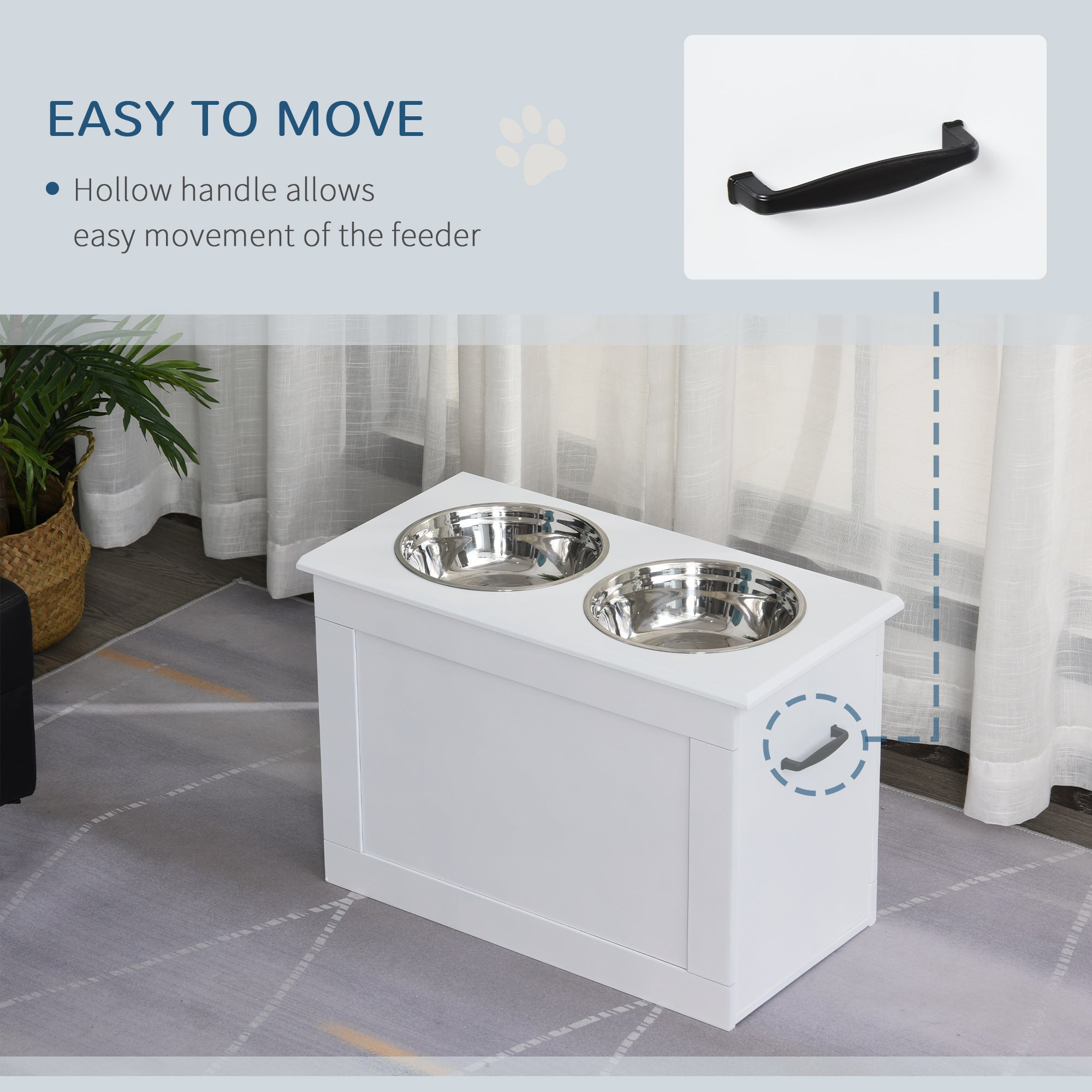 PawHut Elevated Dog Bowls for Large Dogs with Storage Dog Pet Diner Function 2 Stainless Steel Dog Bowls Elevated Base for Big-sized Dogs and Other Large Pets, White