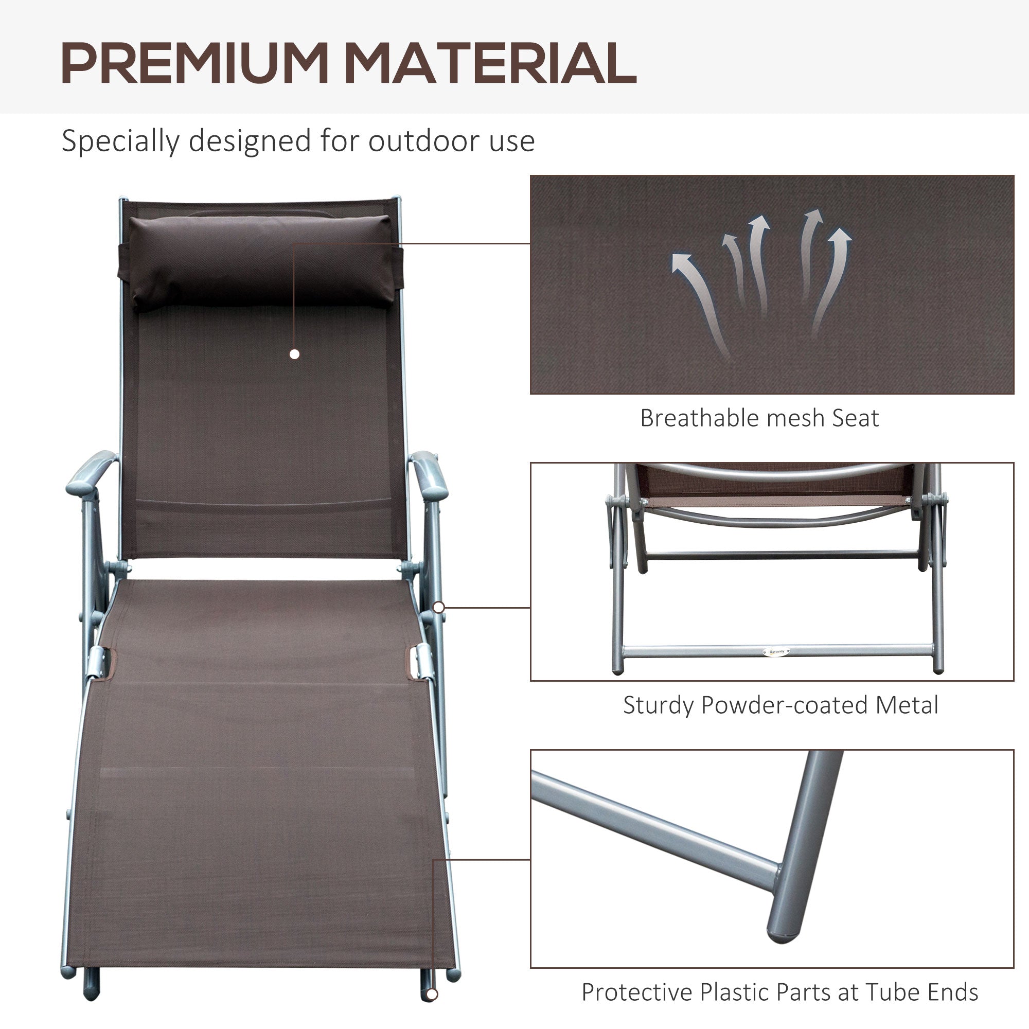 Outsunny Heavy-duty Adjustable Folding Reclining Chair Outdoor Sun Lounger Patio Chaise Lounge Garden Beach Gravity Lounge with Pillow, 7 Adjustable Backrest Positions, Brown