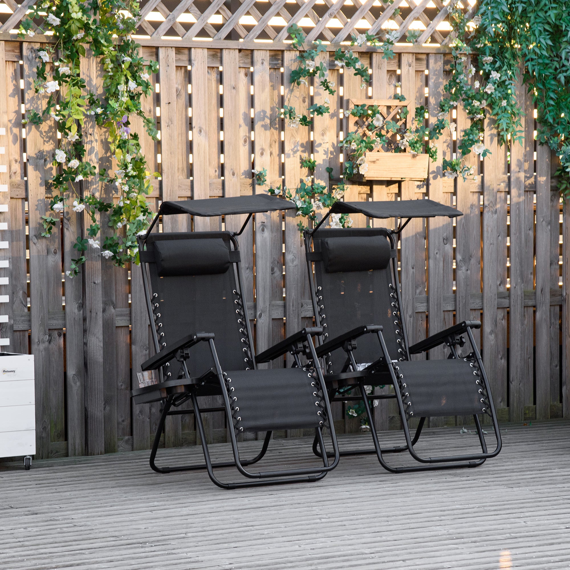 Outsunny 2 Piece Foldable Lounge Chair with Canopy Shade, Outdoor Zero Gravity Chair w/ Side Tray & Cup Holder, Reclining Lounger w/ Breathable Mesh Fabric Seat, Pillow, Black