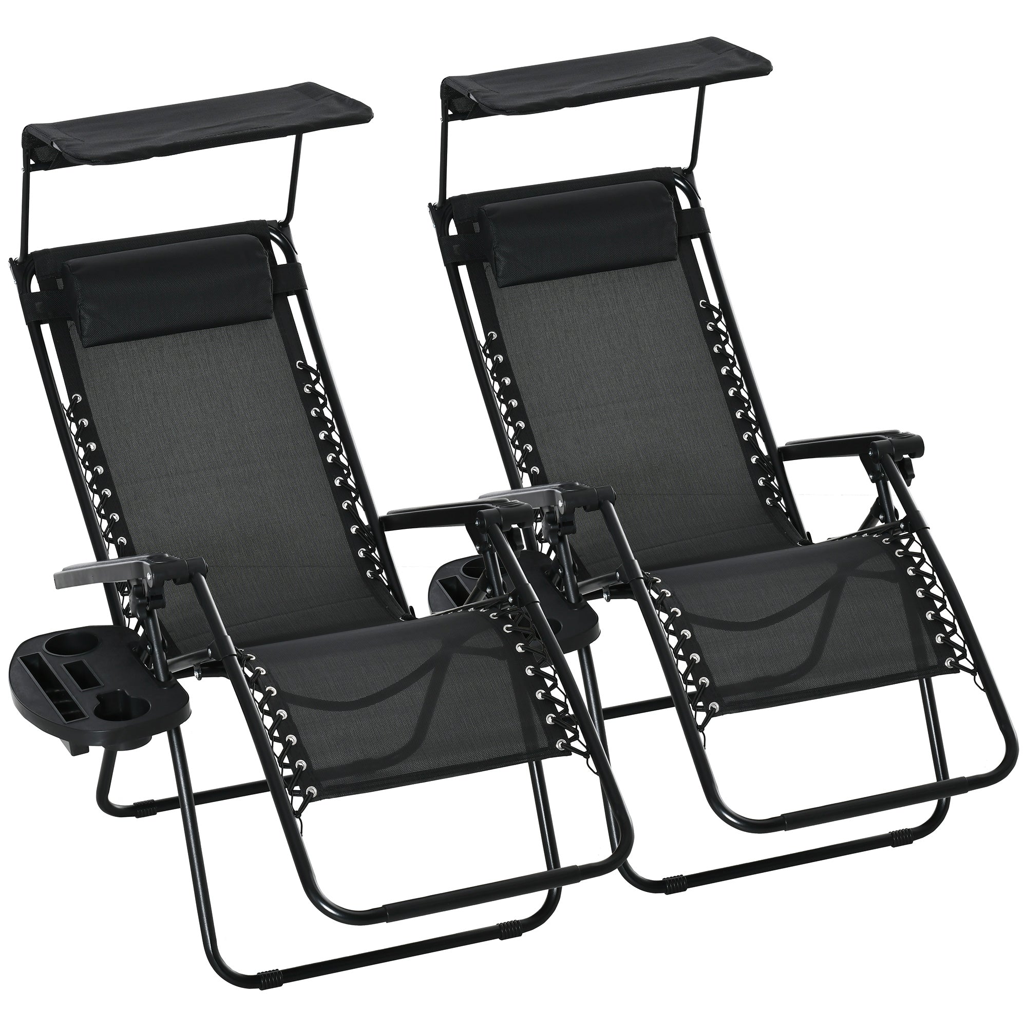 Outsunny 2 Piece Foldable Lounge Chair with Canopy Shade, Outdoor Zero Gravity Chair w/ Side Tray & Cup Holder, Reclining Lounger w/ Breathable Mesh Fabric Seat, Pillow, Black