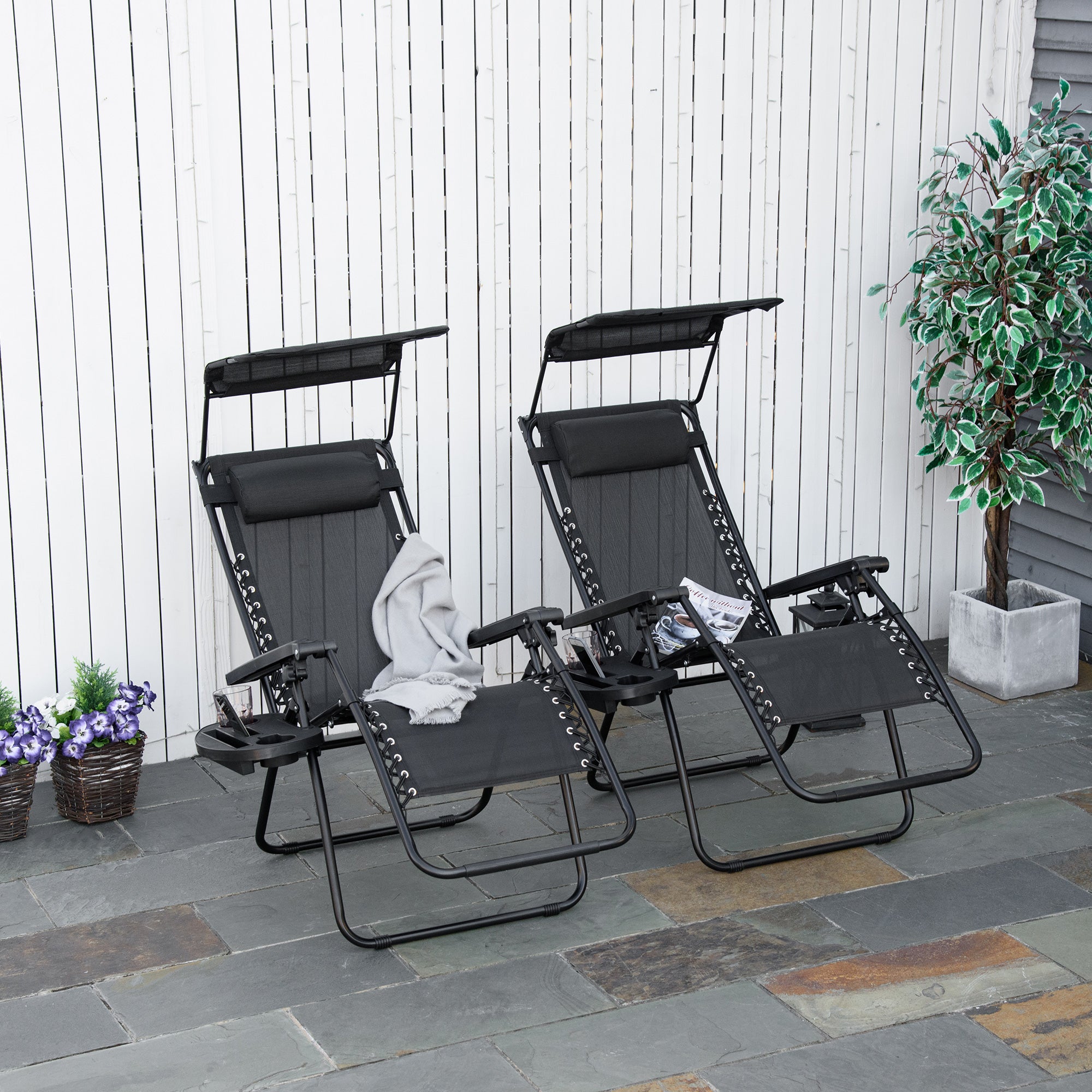 Outsunny 2 Piece Foldable Lounge Chair with Canopy Shade, Outdoor Zero Gravity Chair w/ Side Tray & Cup Holder, Reclining Lounger w/ Breathable Mesh Fabric Seat, Pillow, Black