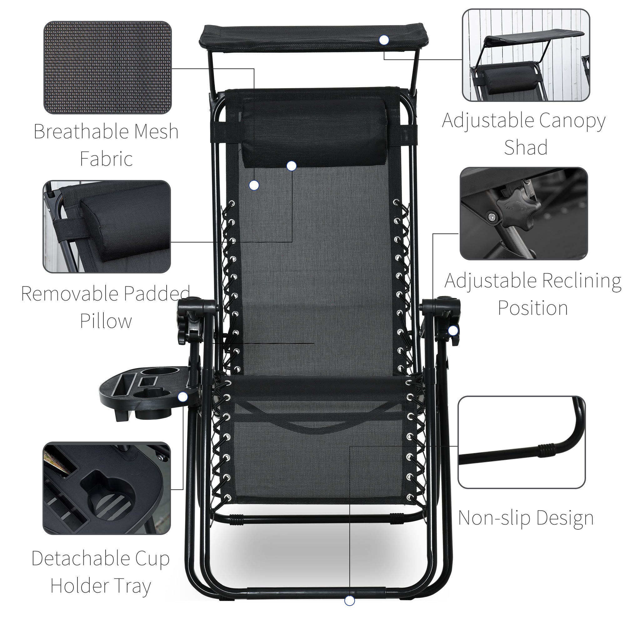 Outsunny 2 Piece Foldable Lounge Chair with Canopy Shade, Outdoor Zero Gravity Chair w/ Side Tray & Cup Holder, Reclining Lounger w/ Breathable Mesh Fabric Seat, Pillow, Black