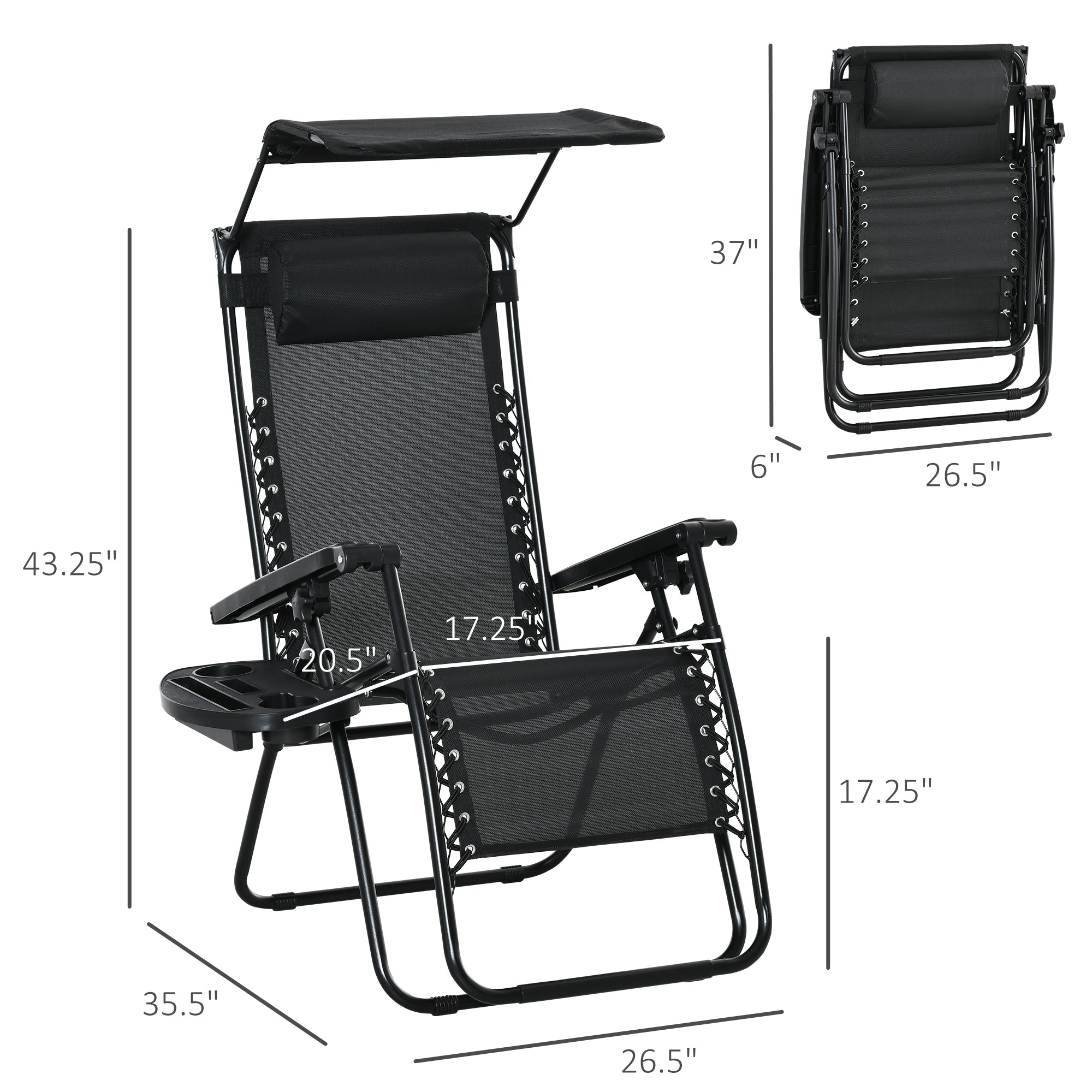 Outsunny 2 Piece Foldable Lounge Chair with Canopy Shade, Outdoor Zero Gravity Chair w/ Side Tray & Cup Holder, Reclining Lounger w/ Breathable Mesh Fabric Seat, Pillow, Black