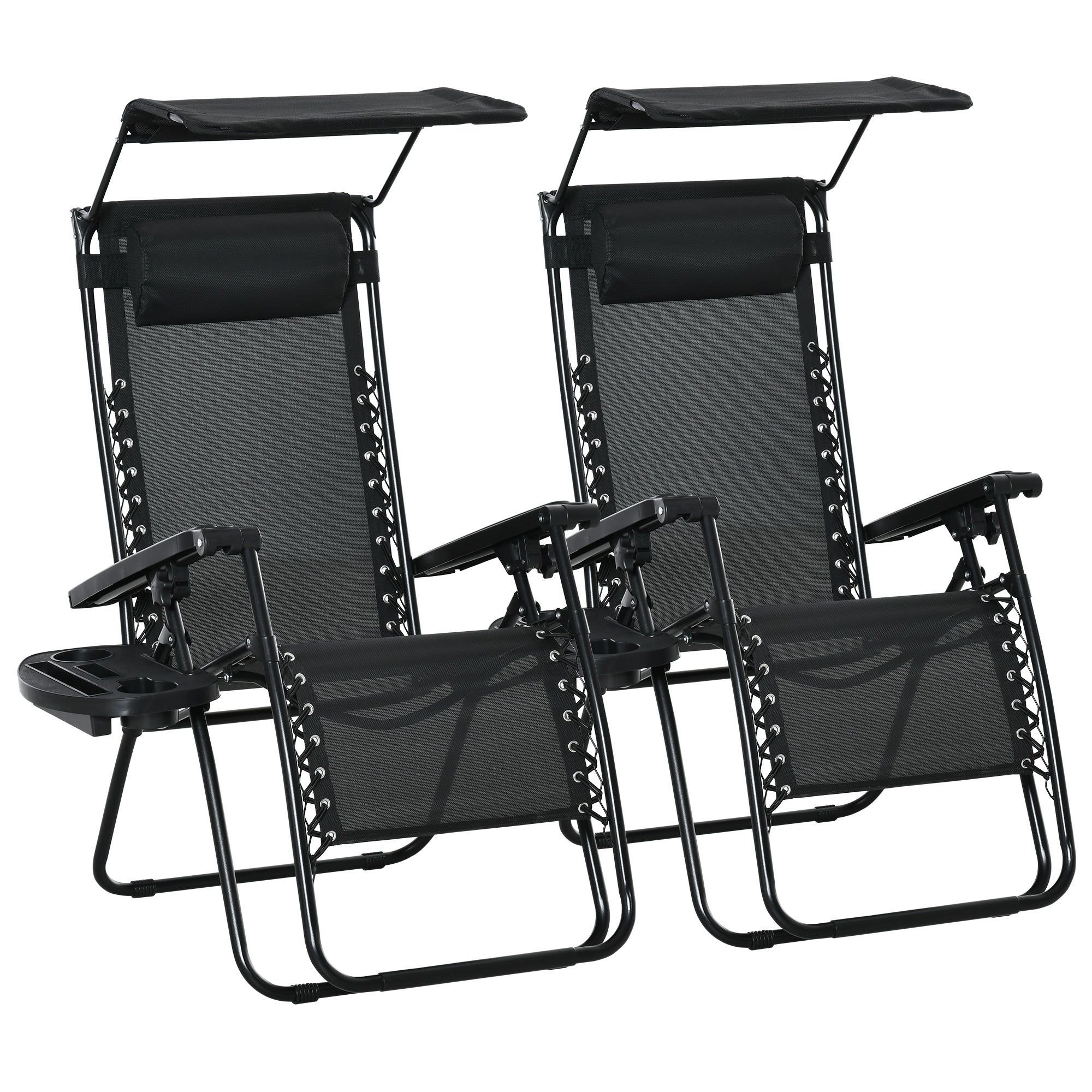 Outsunny 2 Piece Foldable Lounge Chair with Canopy Shade, Outdoor Zero Gravity Chair w/ Side Tray & Cup Holder, Reclining Lounger w/ Breathable Mesh Fabric Seat, Pillow, Black