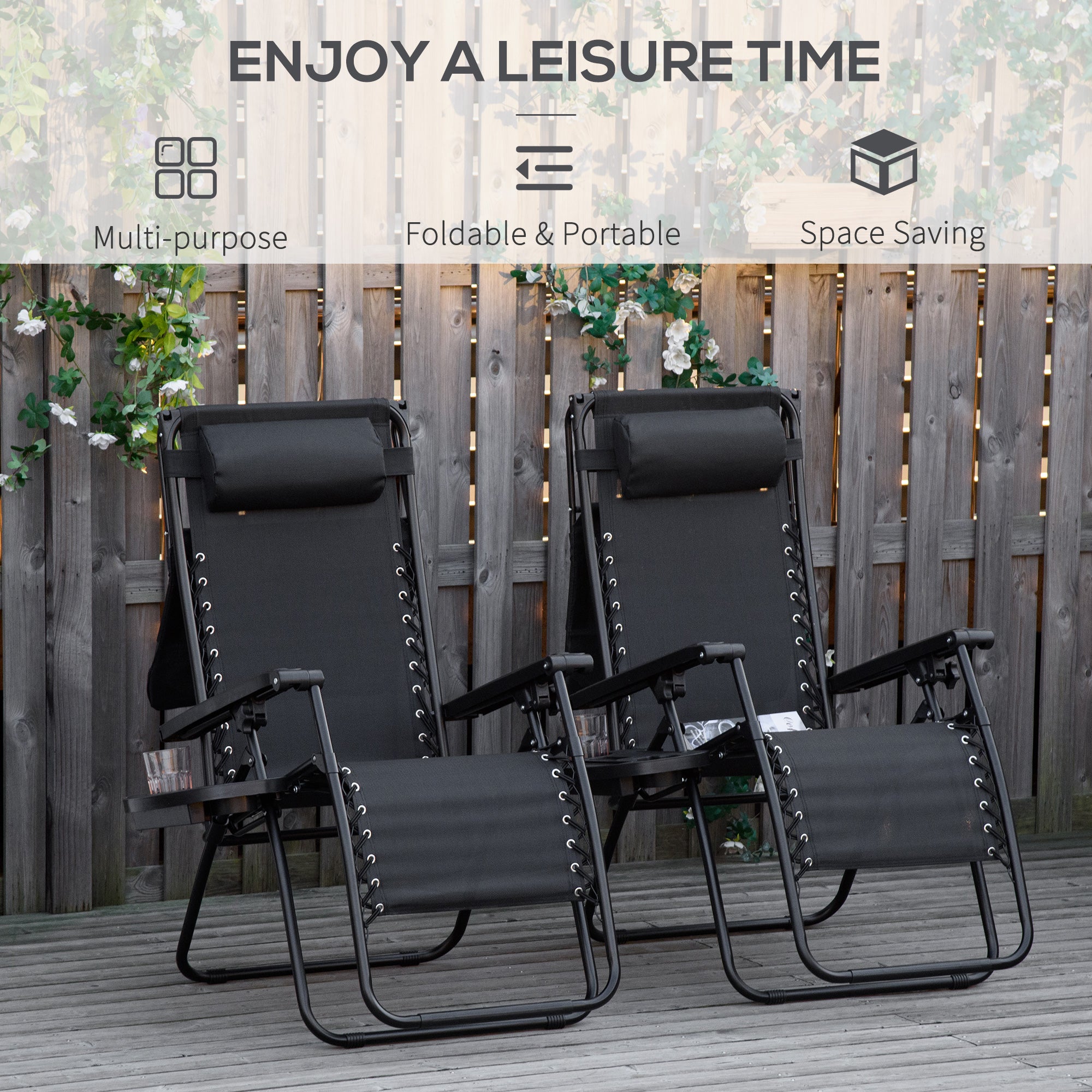Outsunny 2 Piece Foldable Lounge Chair with Canopy Shade, Outdoor Zero Gravity Chair w/ Side Tray & Cup Holder, Reclining Lounger w/ Breathable Mesh Fabric Seat, Pillow, Black