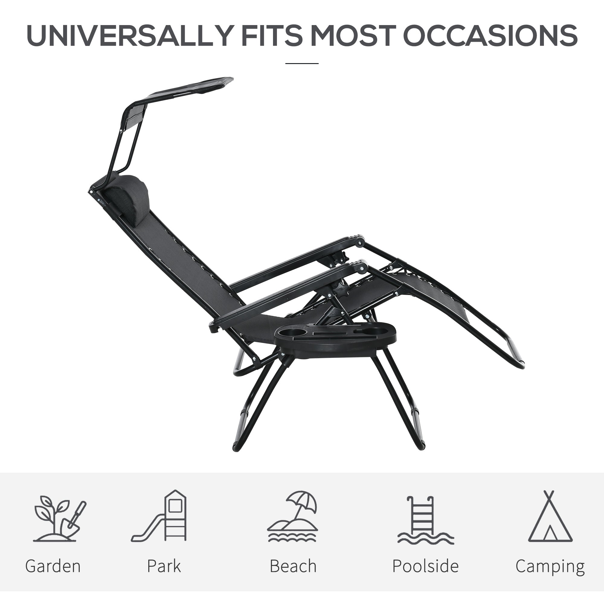 Outsunny 2 Piece Foldable Lounge Chair with Canopy Shade, Outdoor Zero Gravity Chair w/ Side Tray & Cup Holder, Reclining Lounger w/ Breathable Mesh Fabric Seat, Pillow, Black