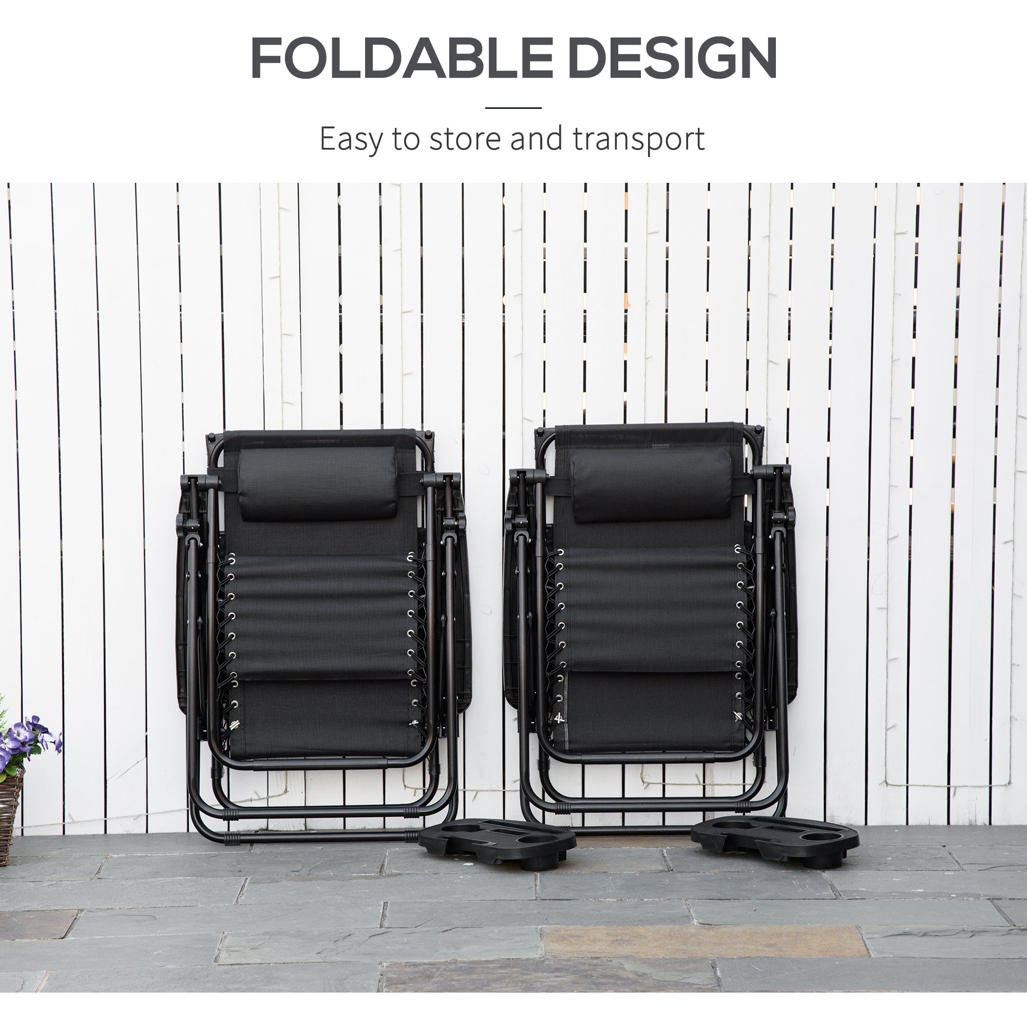 Outsunny 2 Piece Foldable Lounge Chair with Canopy Shade, Outdoor Zero Gravity Chair w/ Side Tray & Cup Holder, Reclining Lounger w/ Breathable Mesh Fabric Seat, Pillow, Black