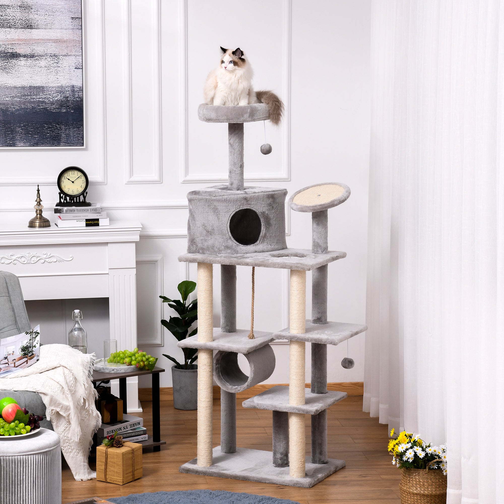PawHut Cat Tree Tower for Indoor Cats 172cm Climbing Activity Centre Kitten with Jute Scratching Post Pad Condo Perch Hanging Balls Tunnel Teasing Rope Toy Light Grey
