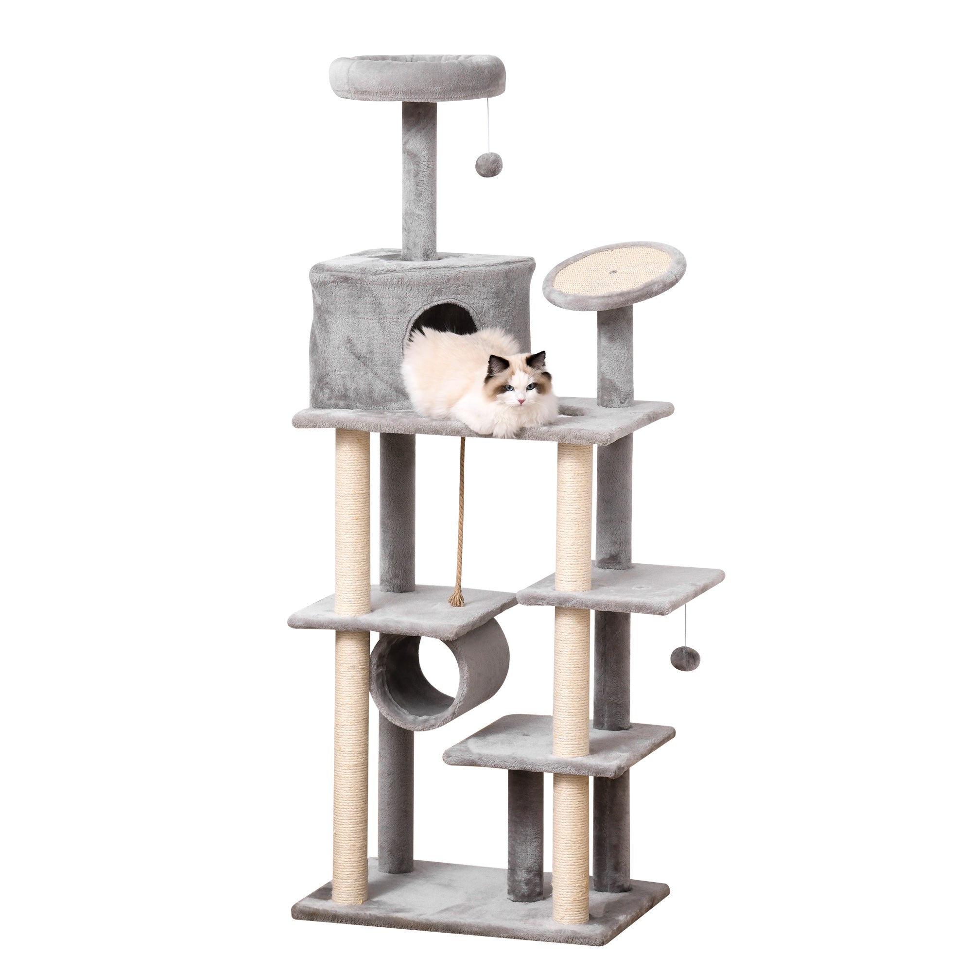 PawHut Cat Tree Tower for Indoor Cats 172cm Climbing Activity Centre Kitten with Jute Scratching Post Pad Condo Perch Hanging Balls Tunnel Teasing Rope Toy Light Grey