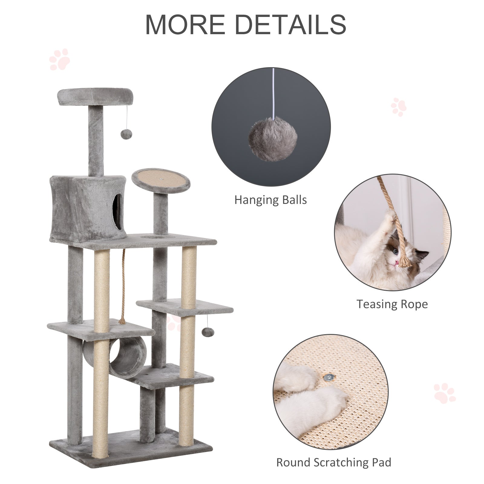 PawHut Cat Tree Tower for Indoor Cats 172cm Climbing Activity Centre Kitten with Jute Scratching Post Pad Condo Perch Hanging Balls Tunnel Teasing Rope Toy Light Grey