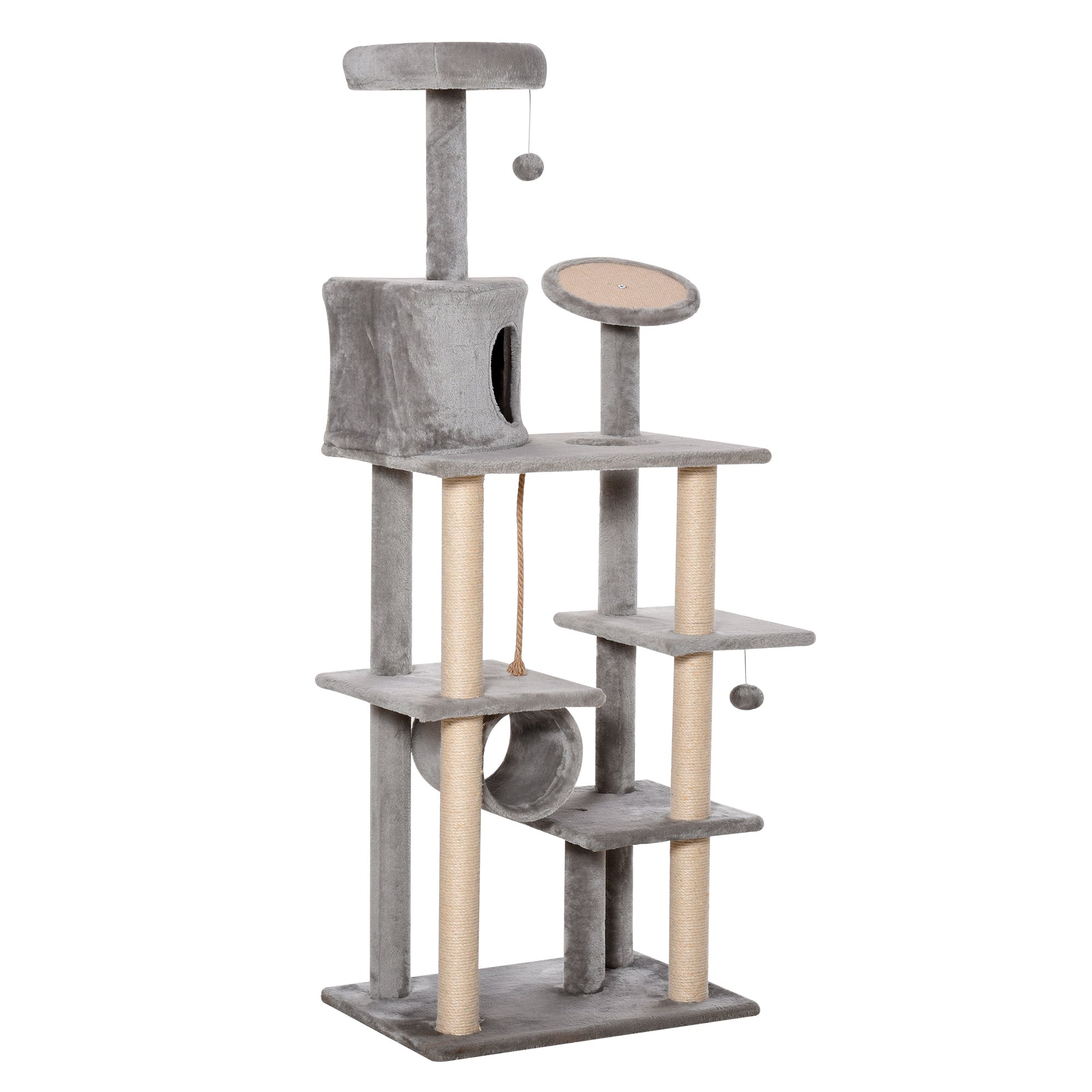 PawHut Cat Tree Tower for Indoor Cats 172cm Climbing Activity Centre Kitten with Jute Scratching Post Pad Condo Perch Hanging Balls Tunnel Teasing Rope Toy Light Grey