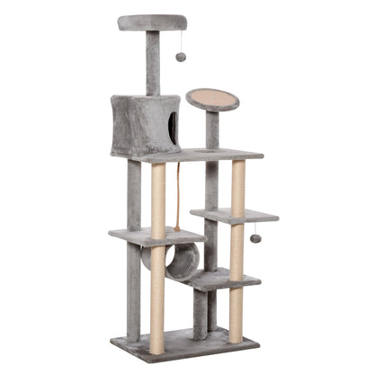 PawHut Cat Tree Tower for Indoor Cats 172cm Climbing Activity Centre Kitten with Jute Scratching Post Pad Condo Perch Hanging Balls Tunnel Teasing Rope Toy Light Grey