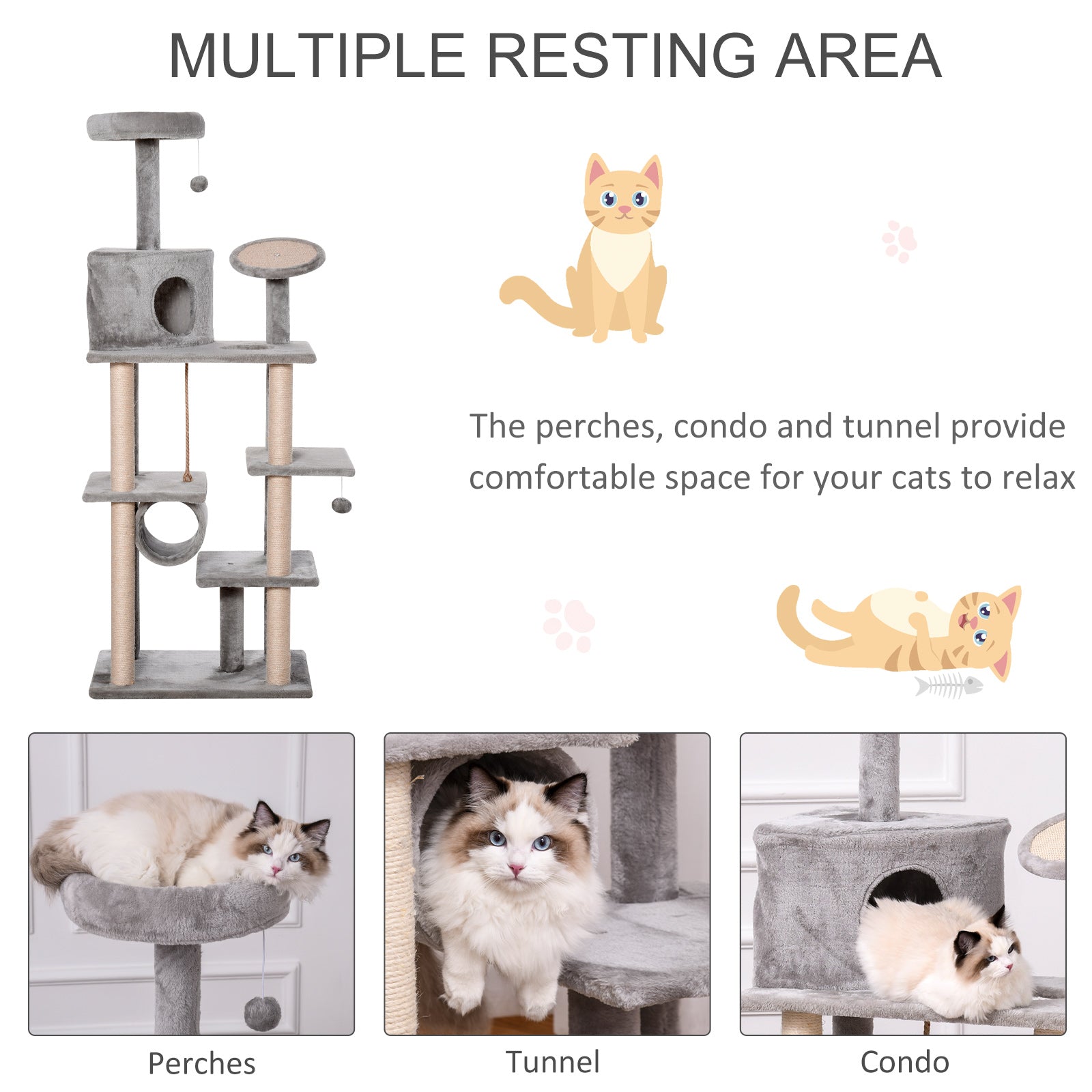 PawHut Cat Tree Tower for Indoor Cats 172cm Climbing Activity Centre Kitten with Jute Scratching Post Pad Condo Perch Hanging Balls Tunnel Teasing Rope Toy Light Grey