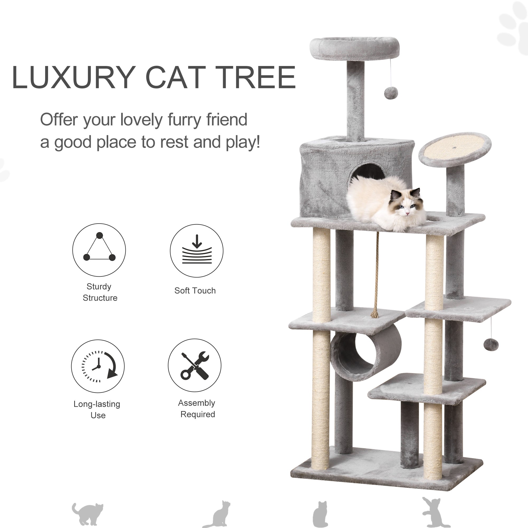 PawHut Cat Tree Tower for Indoor Cats 172cm Climbing Activity Centre Kitten with Jute Scratching Post Pad Condo Perch Hanging Balls Tunnel Teasing Rope Toy Light Grey