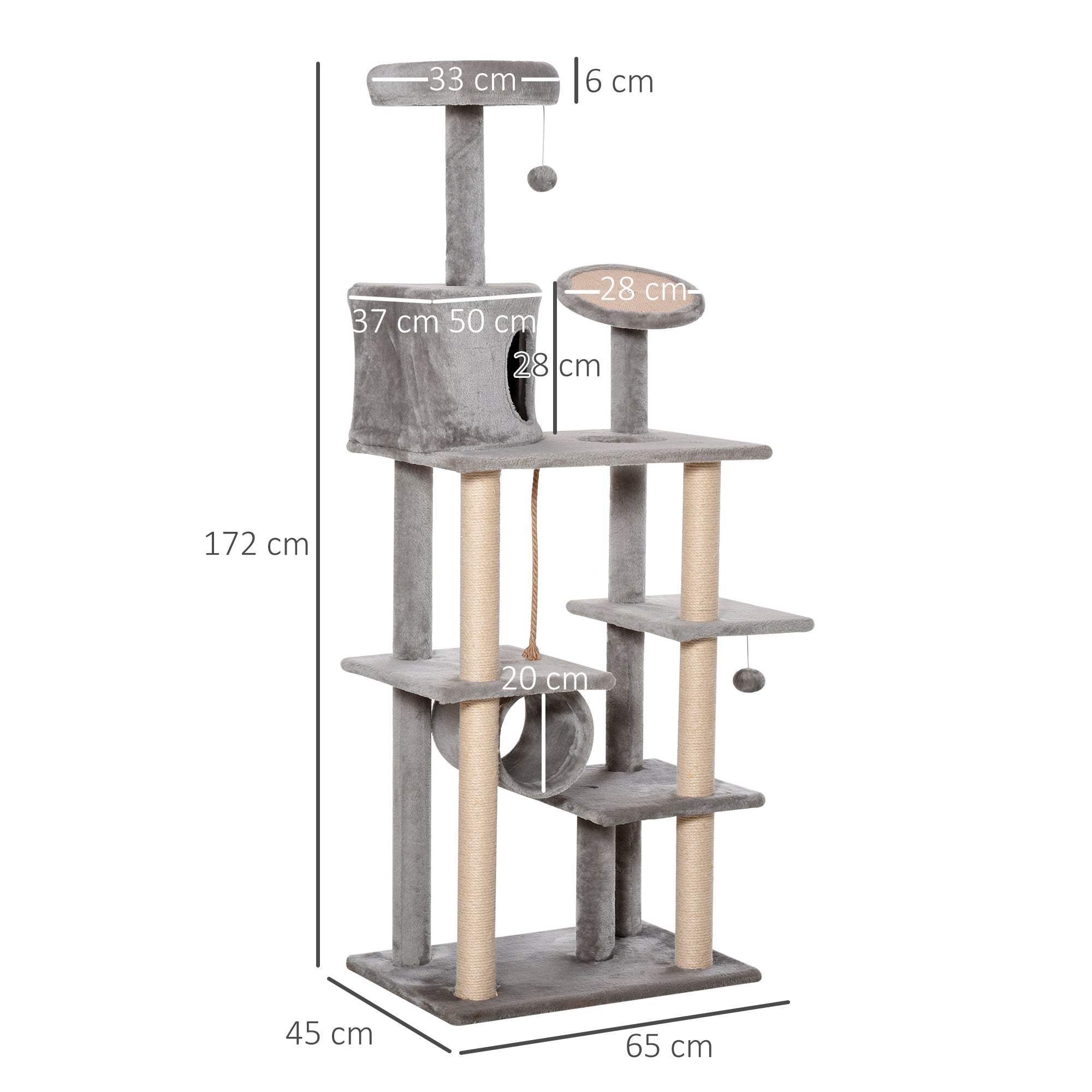 PawHut Cat Tree Tower for Indoor Cats 172cm Climbing Activity Centre Kitten with Jute Scratching Post Pad Condo Perch Hanging Balls Tunnel Teasing Rope Toy Light Grey