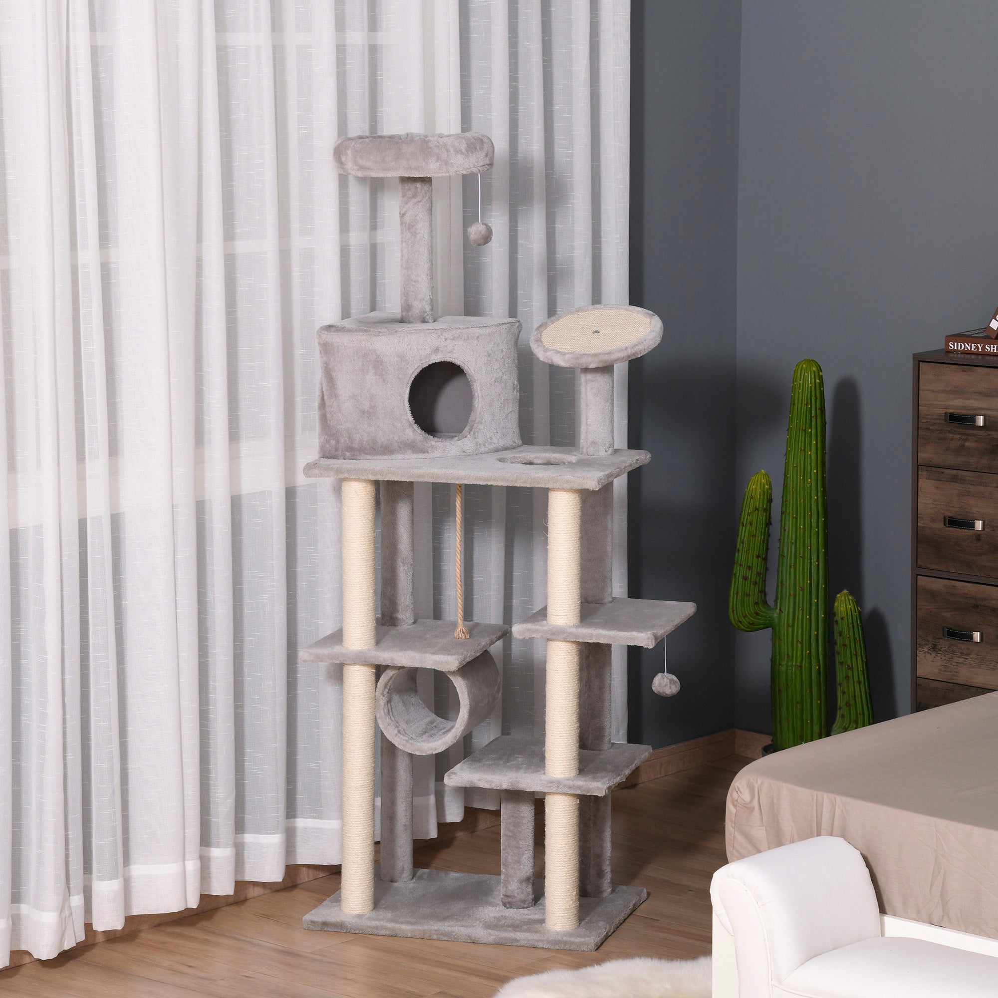 PawHut Cat Tree Tower for Indoor Cats 172cm Climbing Activity Centre Kitten with Jute Scratching Post Pad Condo Perch Hanging Balls Tunnel Teasing Rope Toy Light Grey