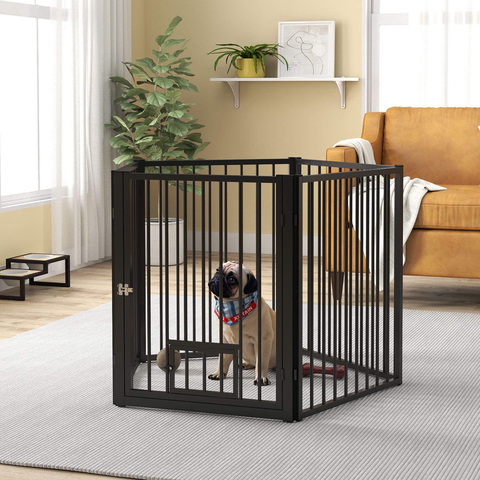 PawHut Dog Playpen, 30"H Pet Playpen, 5 Panels Puppy Exercise Pen Heavy Duty with Dog Gate & Cat Door, Indoor Outdoor Foldable Portable Dog Fence for Small & Medium Dogs