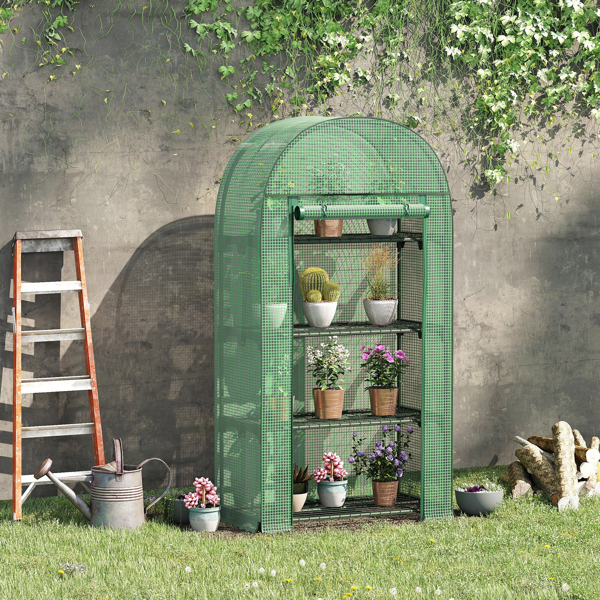 Outsunny 4-Tier Mini Greenhouse, Outdoor Portable Gardening Plant Green House with Storage Shelves, Roll-Up Zippered Door, Steel Frame and PE Cover, 31.5