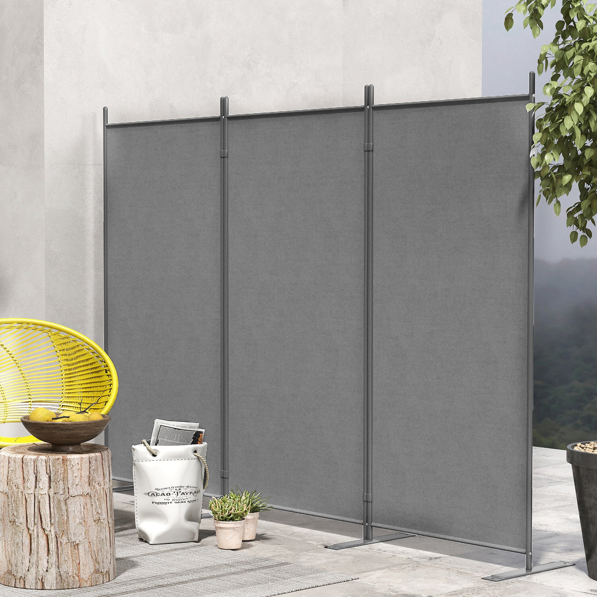 Outsunny 3 Panel Folding Outdoor Privacy Screen, 5.8FT Tall Room Divider with UV30+ Protection, Freestanding Privacy Panel Partition with Stable Base for Indoor Outdoor, Dark Grey