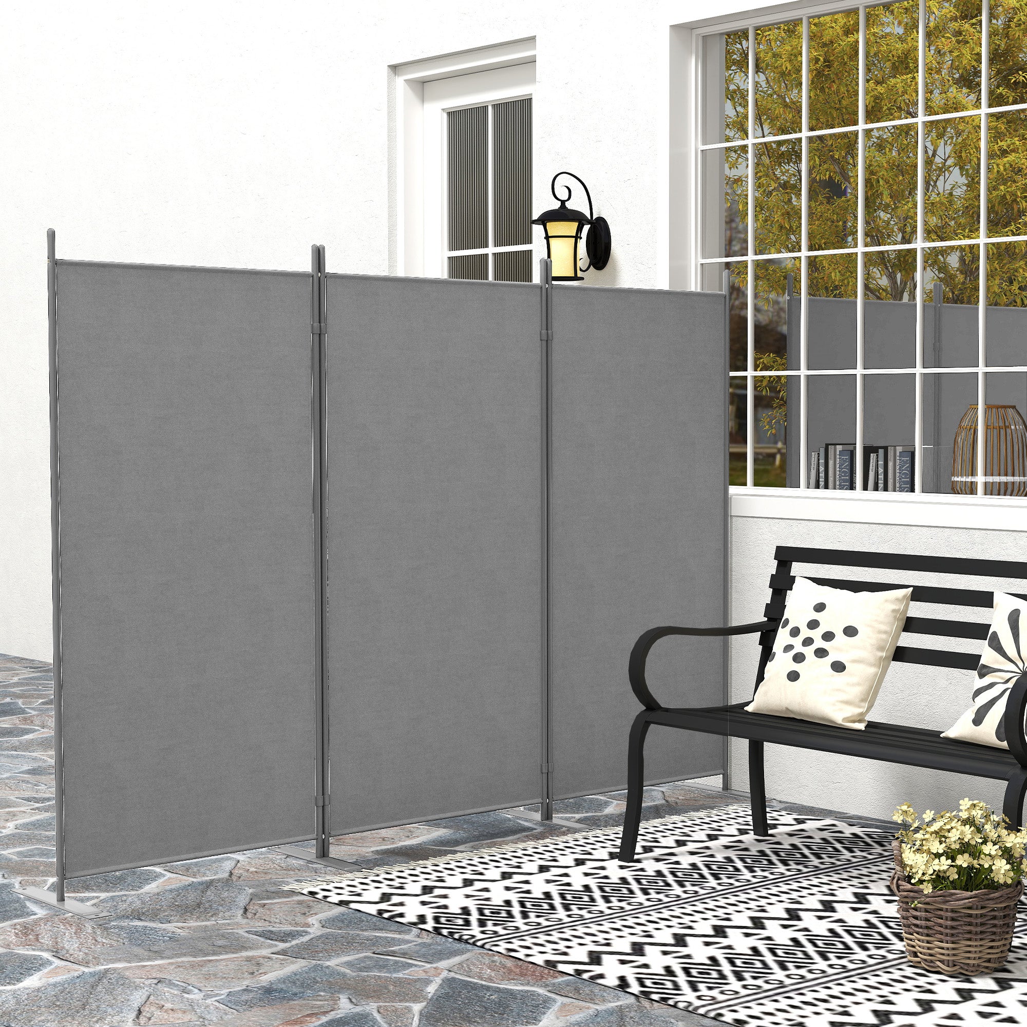 Outsunny 3 Panel Folding Outdoor Privacy Screen, 5.8FT Tall Room Divider with UV30+ Protection, Freestanding Privacy Panel Partition with Stable Base for Indoor Outdoor, Dark Grey