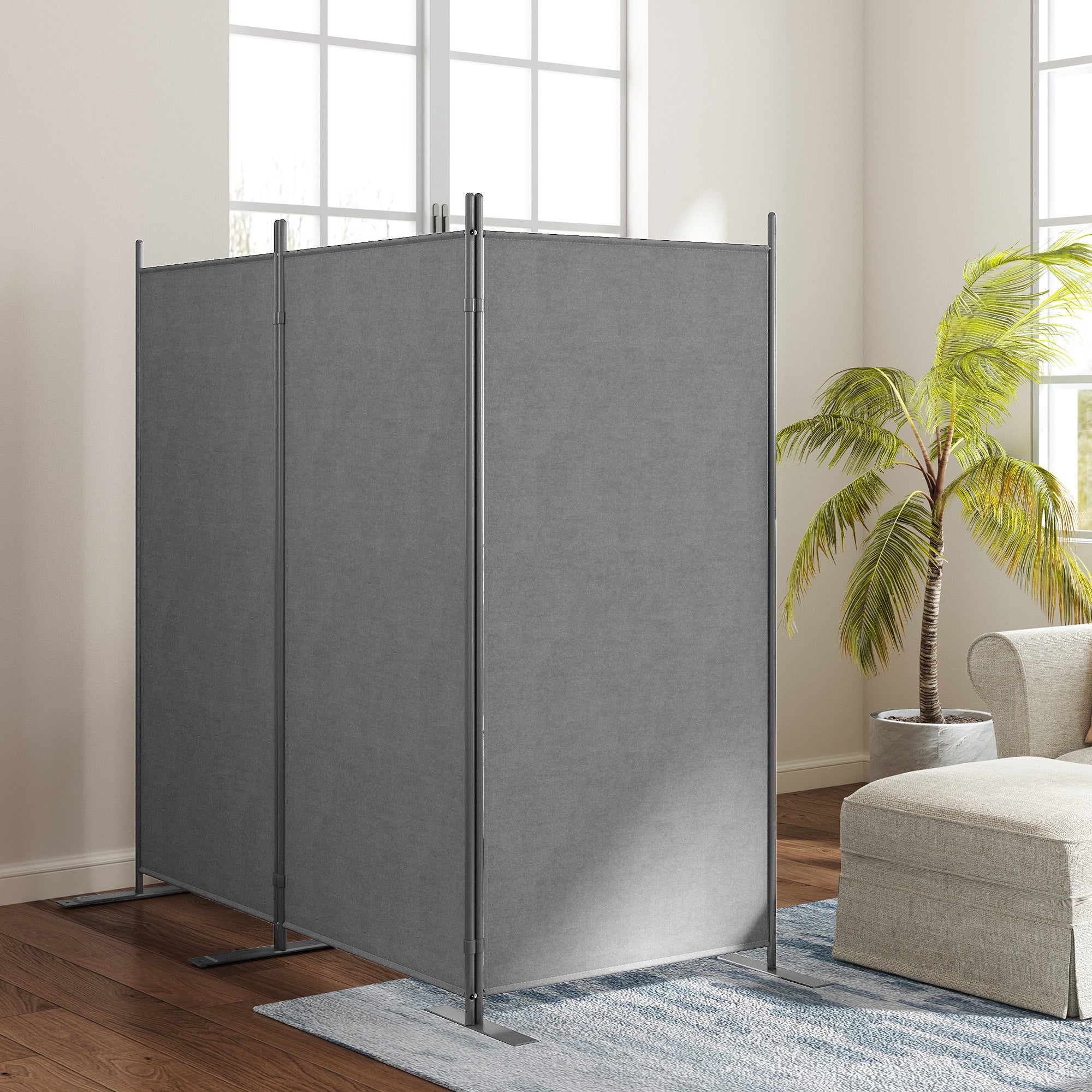Outsunny 3 Panel Folding Outdoor Privacy Screen, 5.8FT Tall Room Divider with UV30+ Protection, Freestanding Privacy Panel Partition with Stable Base for Indoor Outdoor, Dark Grey