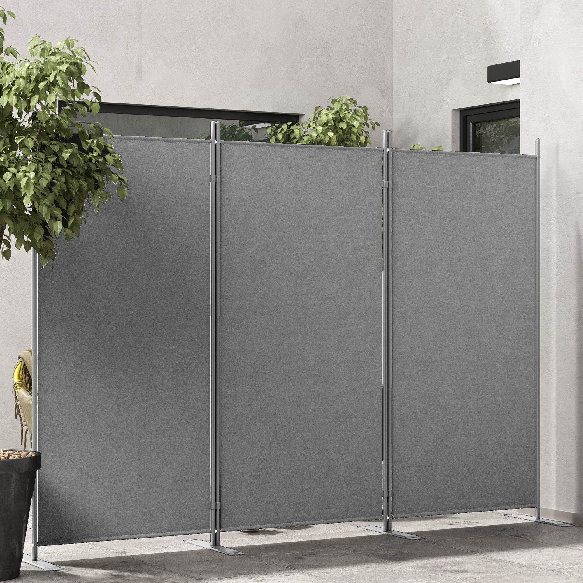 Outsunny 3 Panel Folding Outdoor Privacy Screen, 5.8FT Tall Room Divider with UV30+ Protection, Freestanding Privacy Panel Partition with Stable Base for Indoor Outdoor, Dark Grey