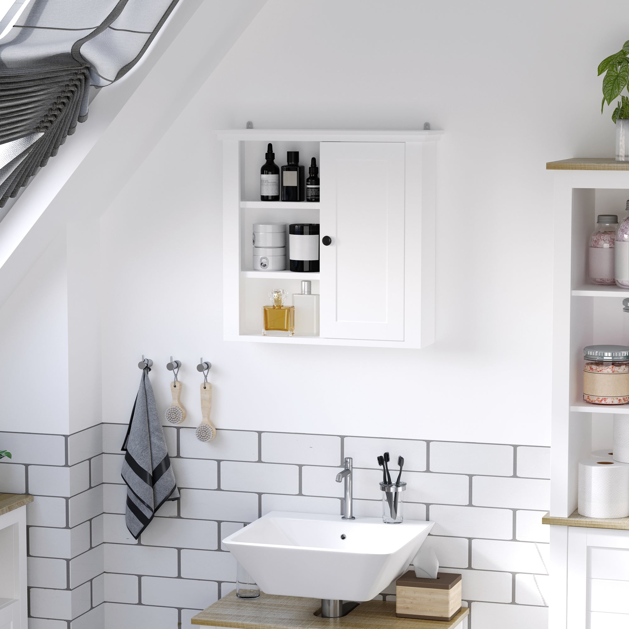 HOMCOM Modern Bathroom Wall Cabinet, Wall Mounted Medicine Cabinet with 3 Open Shelves and Storage Cupboard for Laundry Room Kitchen, White