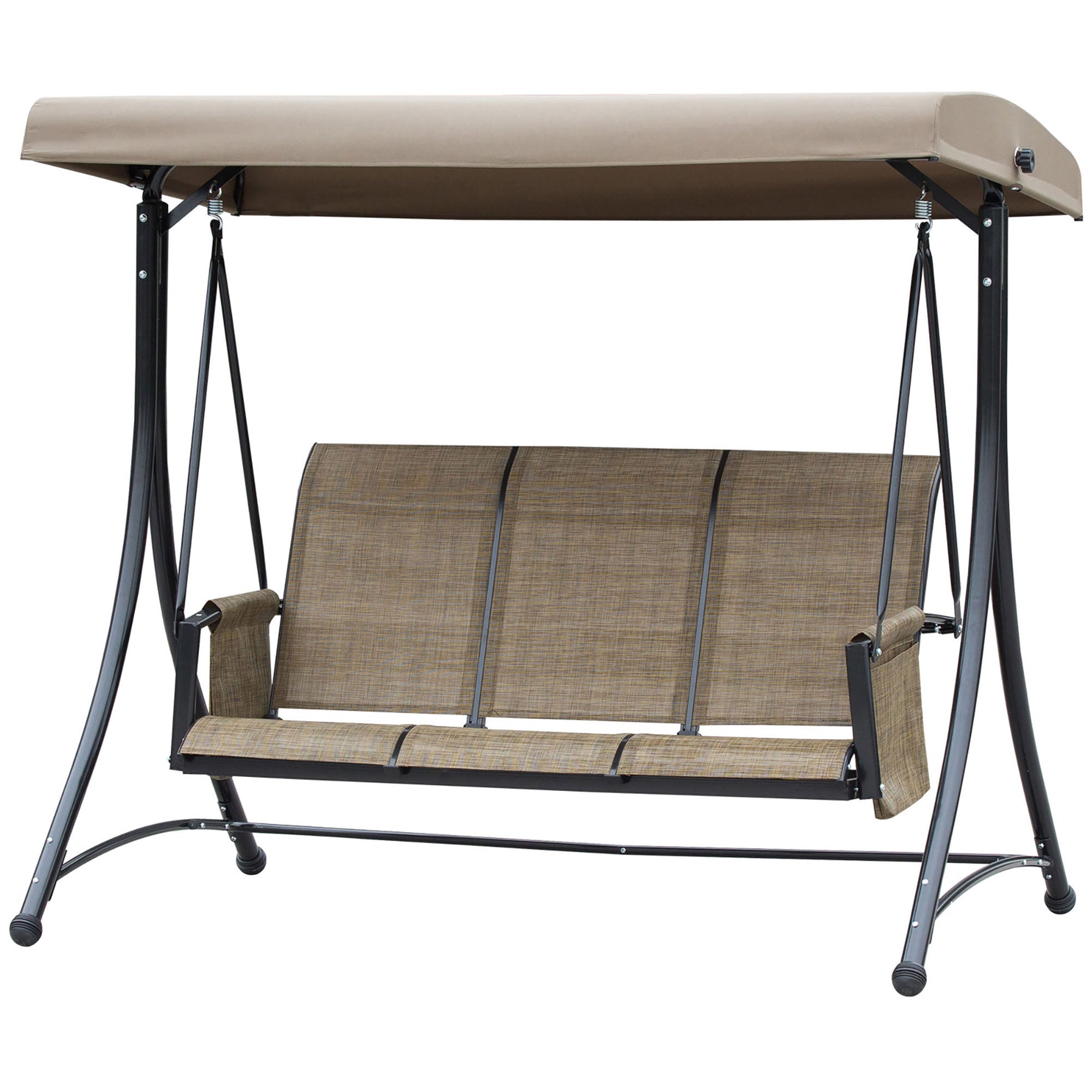 Outsunny 3 Person Porch Swing Outdoor Swing Chair with High Back Design, Side Pouches and Adjustable Canopy, Brown