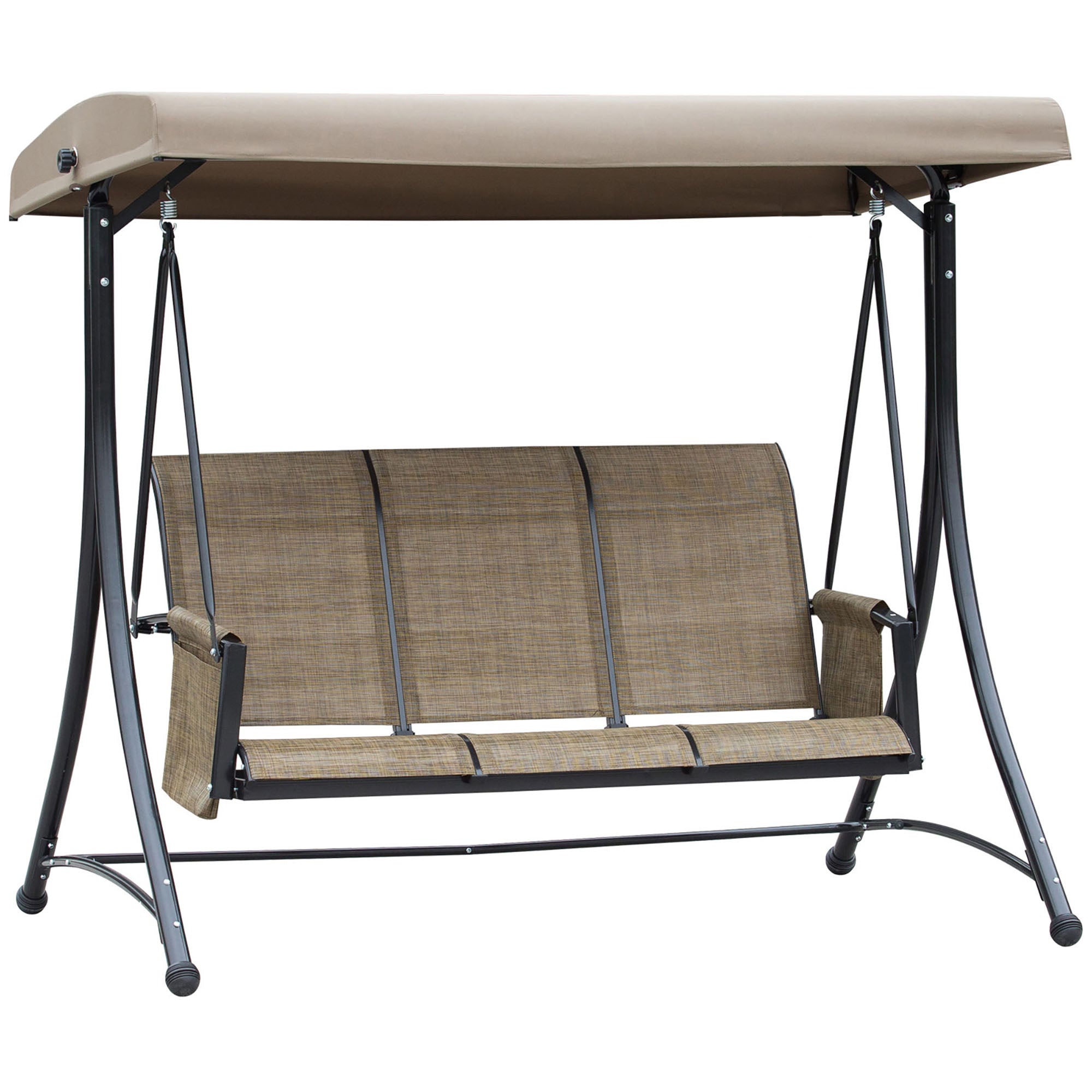 Outsunny 3 Person Porch Swing Outdoor Swing Chair with High Back Design, Side Pouches and Adjustable Canopy, Brown