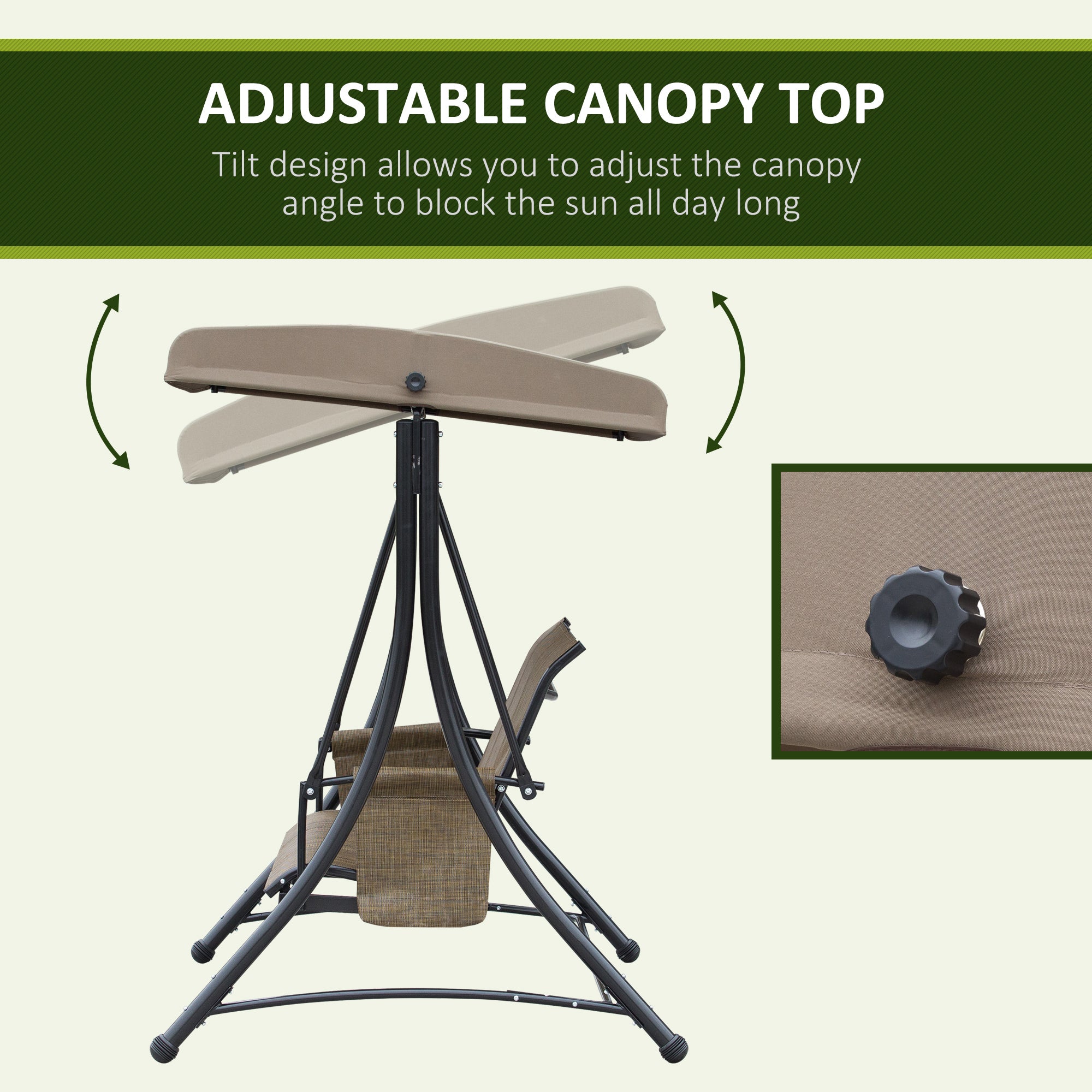 Outsunny 3 Person Porch Swing Outdoor Swing Chair with High Back Design, Side Pouches and Adjustable Canopy, Brown