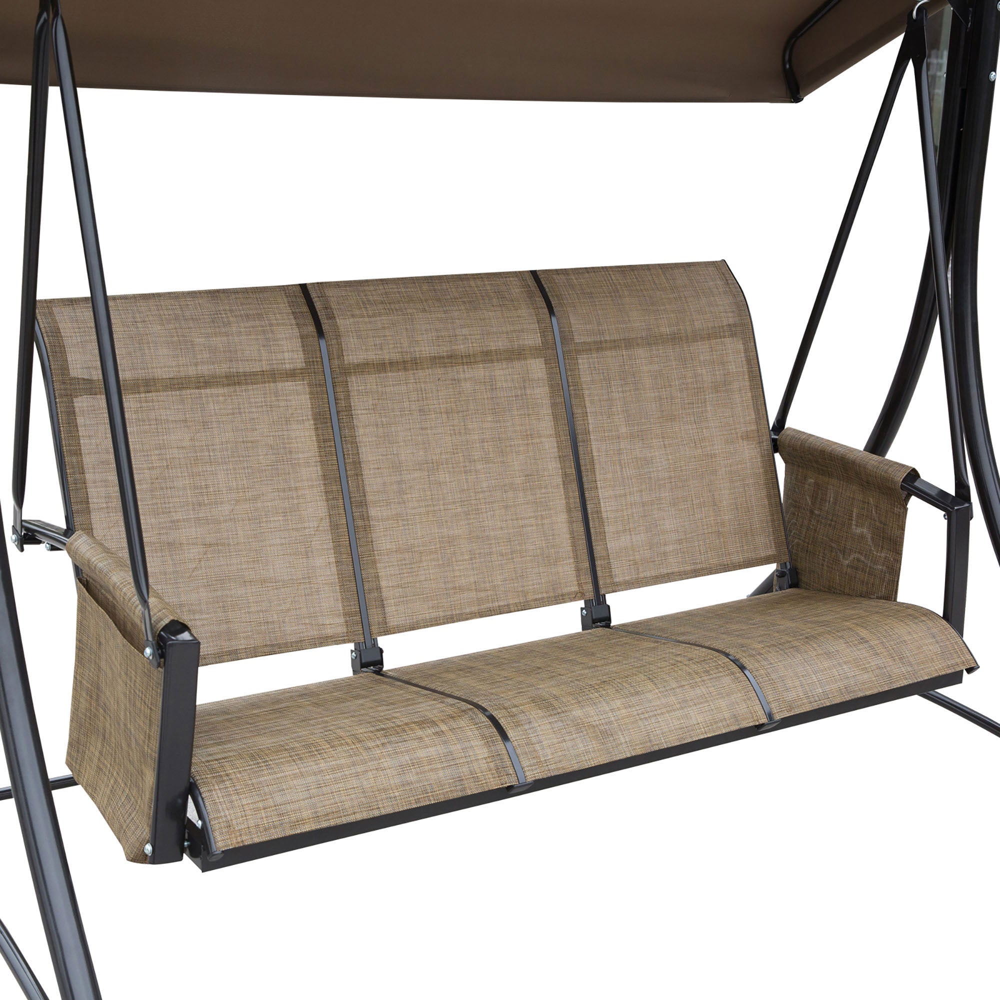 Outsunny 3 Person Porch Swing Outdoor Swing Chair with High Back Design, Side Pouches and Adjustable Canopy, Brown