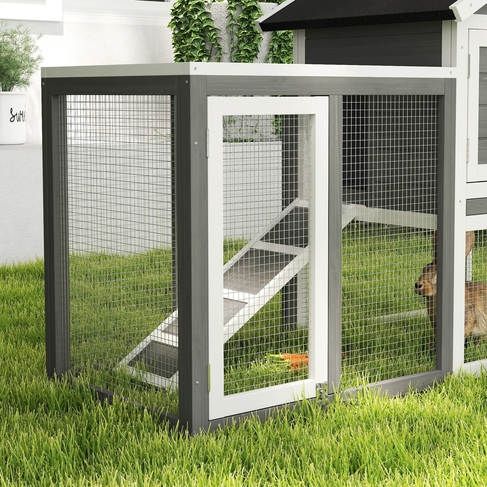 PawHut 48" Weatherproof Wooden Rabbit Hutch With Slant Roof And Screened Outdoor Run, Grey