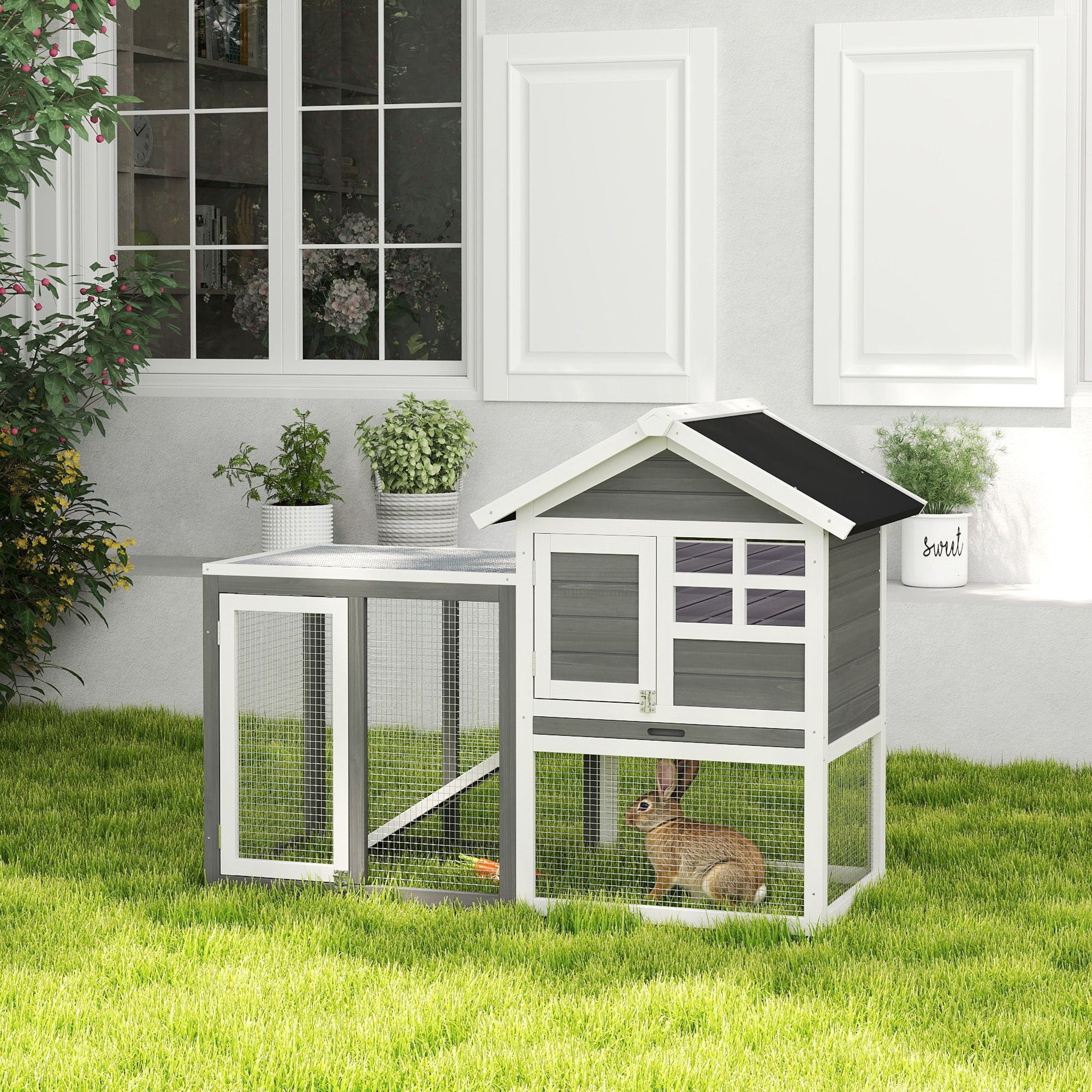 PawHut 48" Weatherproof Wooden Rabbit Hutch With Slant Roof And Screened Outdoor Run, Grey