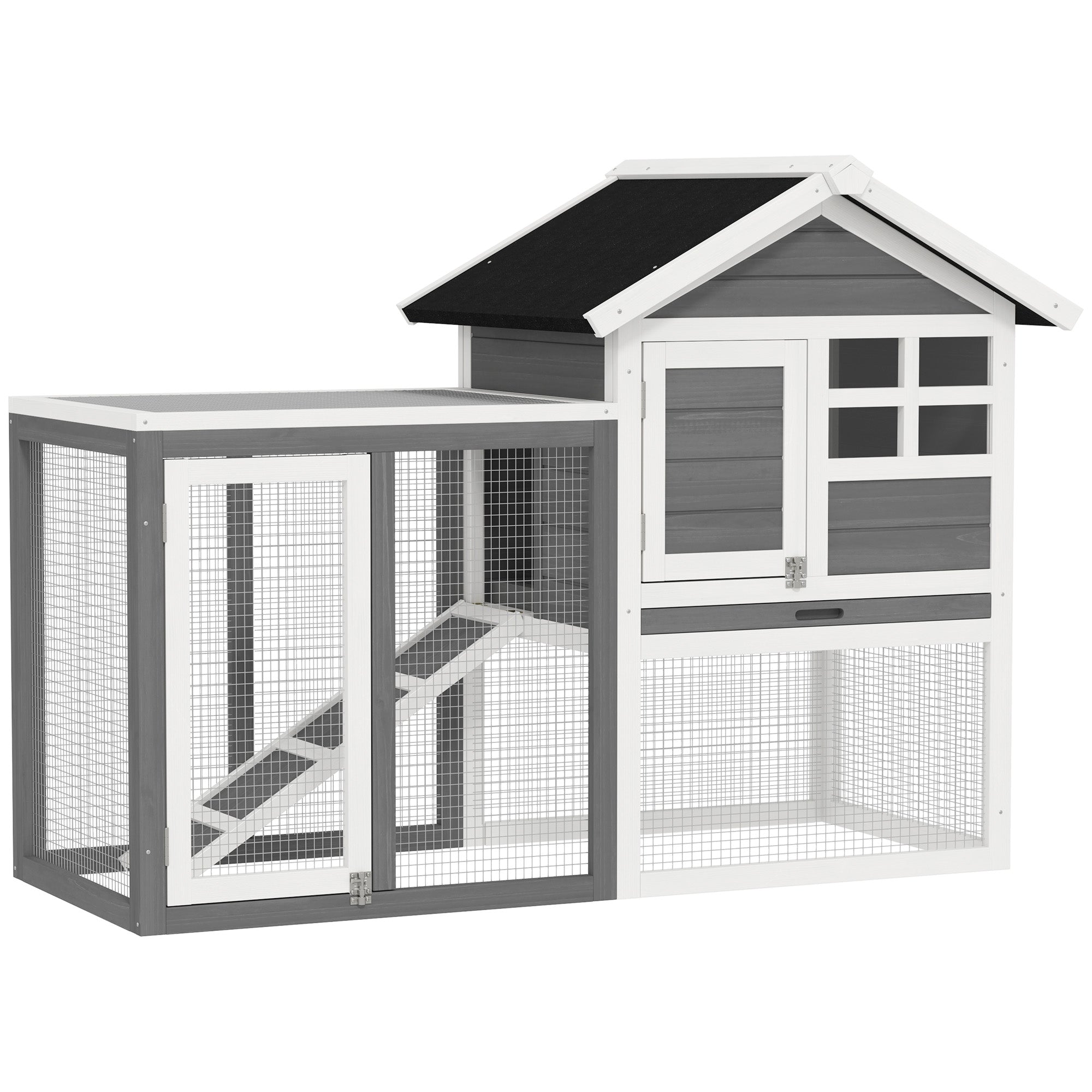 PawHut 48" Weatherproof Wooden Rabbit Hutch With Slant Roof And Screened Outdoor Run, Grey