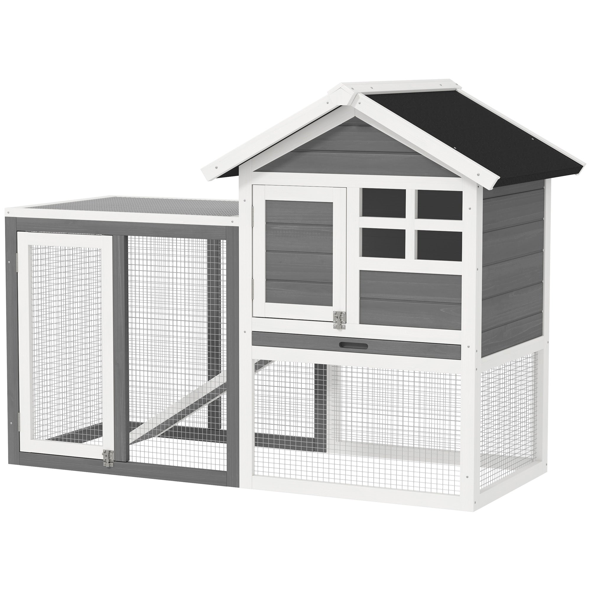 PawHut Rabbit Hutch Outdoor Wooden Guinea Pig Hutch Rabbit Run Bunny Cage Small Animal House Pull-Out Tray, Grey, 122 x 62.6 x 92 cm