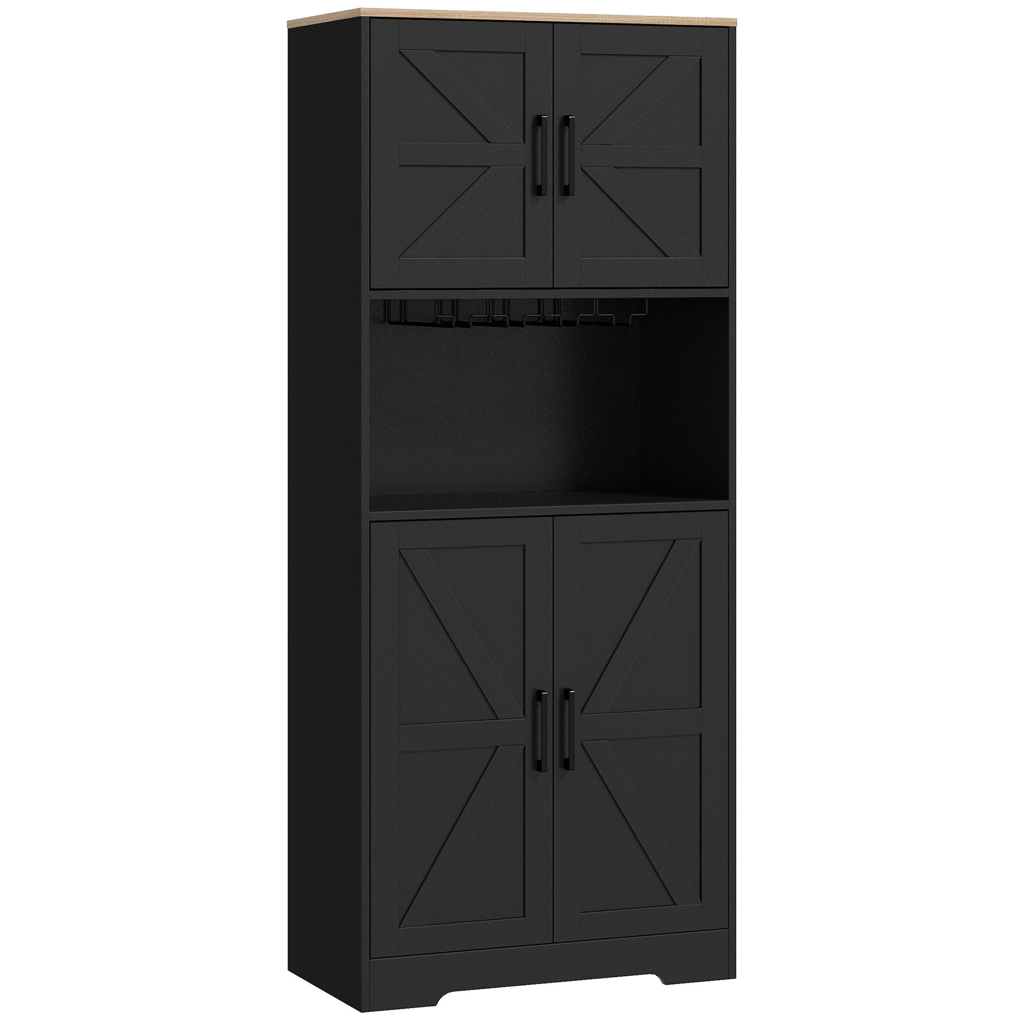 HOMCOM Kitchen Pantry Storage Cabinet, 68" Freestanding Hutch Cabinet with Microwave Oven Countertop, Farmhouse Doors, Black