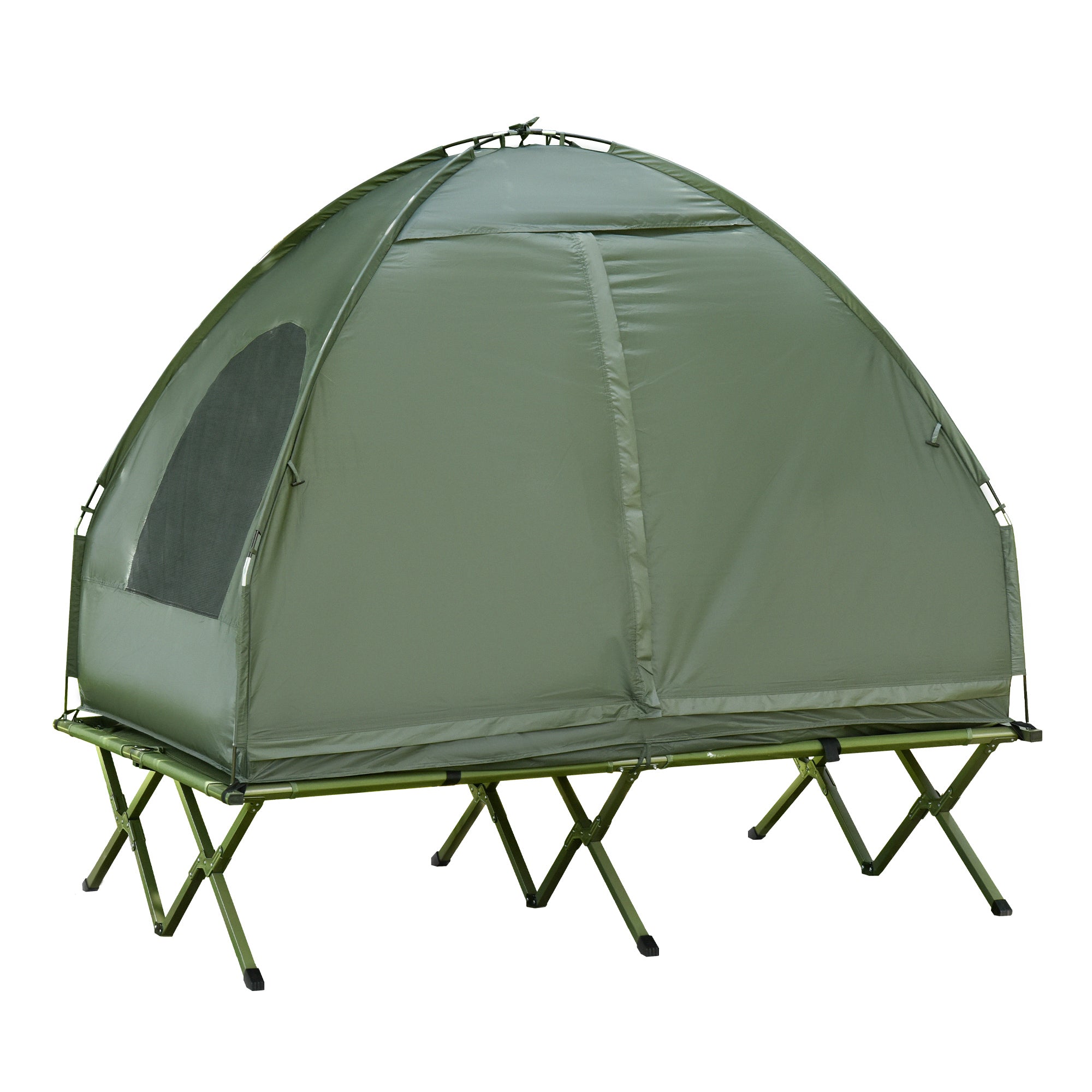 Outsunny All in 1 Camping Combo Portable Folding Camping Tent Cot Air Mattress w/ Carry Bag and Pump Hiking Shelter Sleeping Bed Dark Green